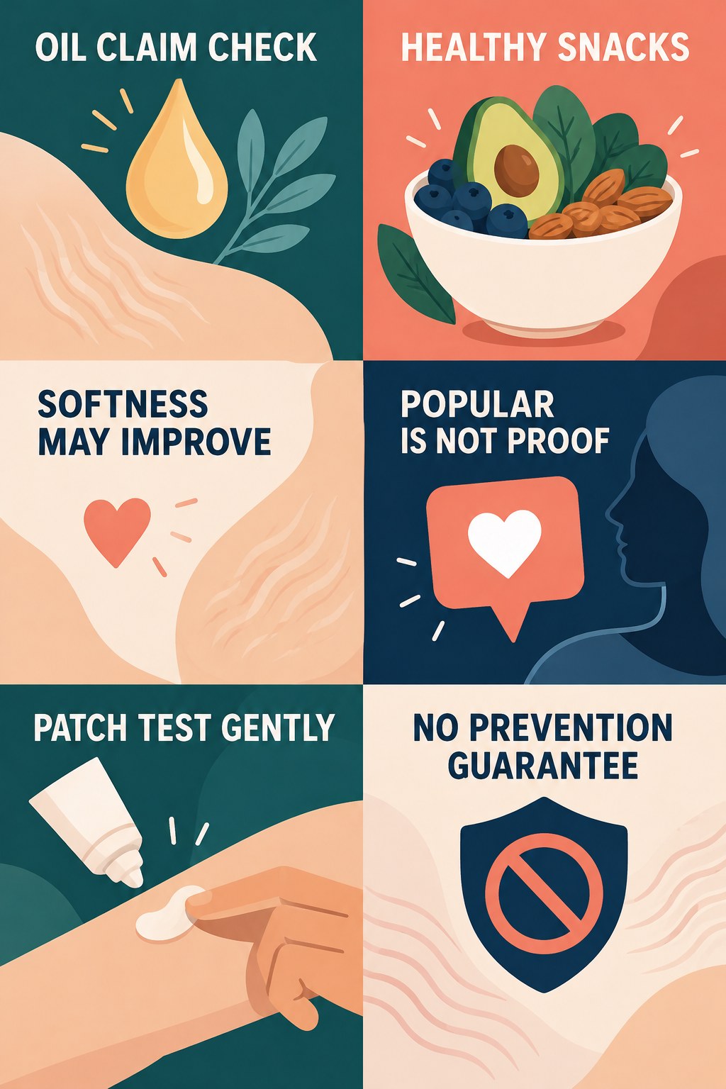 Cocoa Butter and Oil Claim Check infographic for Healthy Snacks with four concise, body-neutral stretch-mark skincare points.