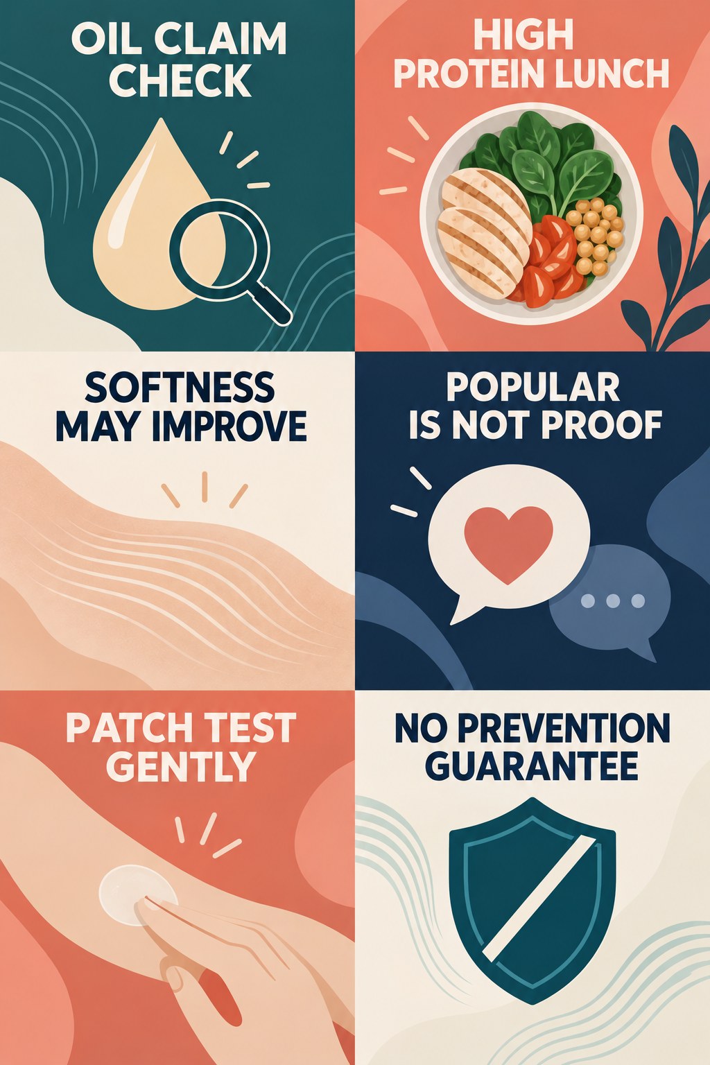 Cocoa Butter and Oil Claim Check infographic for High Protein Lunch with four concise, body-neutral stretch-mark skincare points.