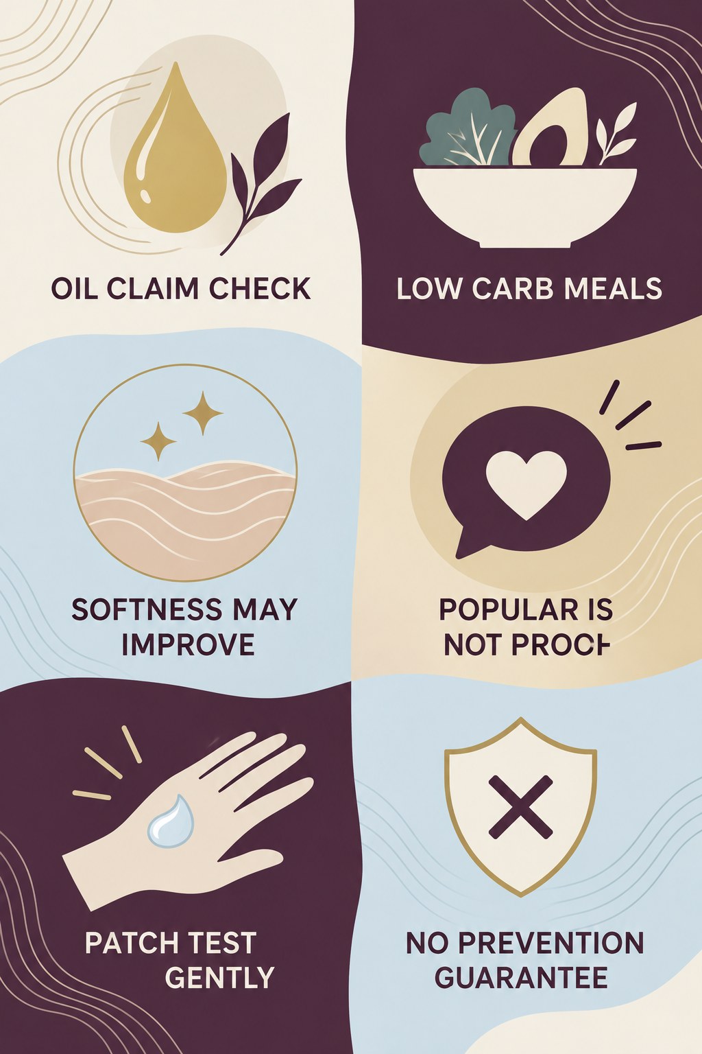 Cocoa Butter and Oil Claim Check infographic for Low Carb Meals with four concise, body-neutral stretch-mark skincare points.