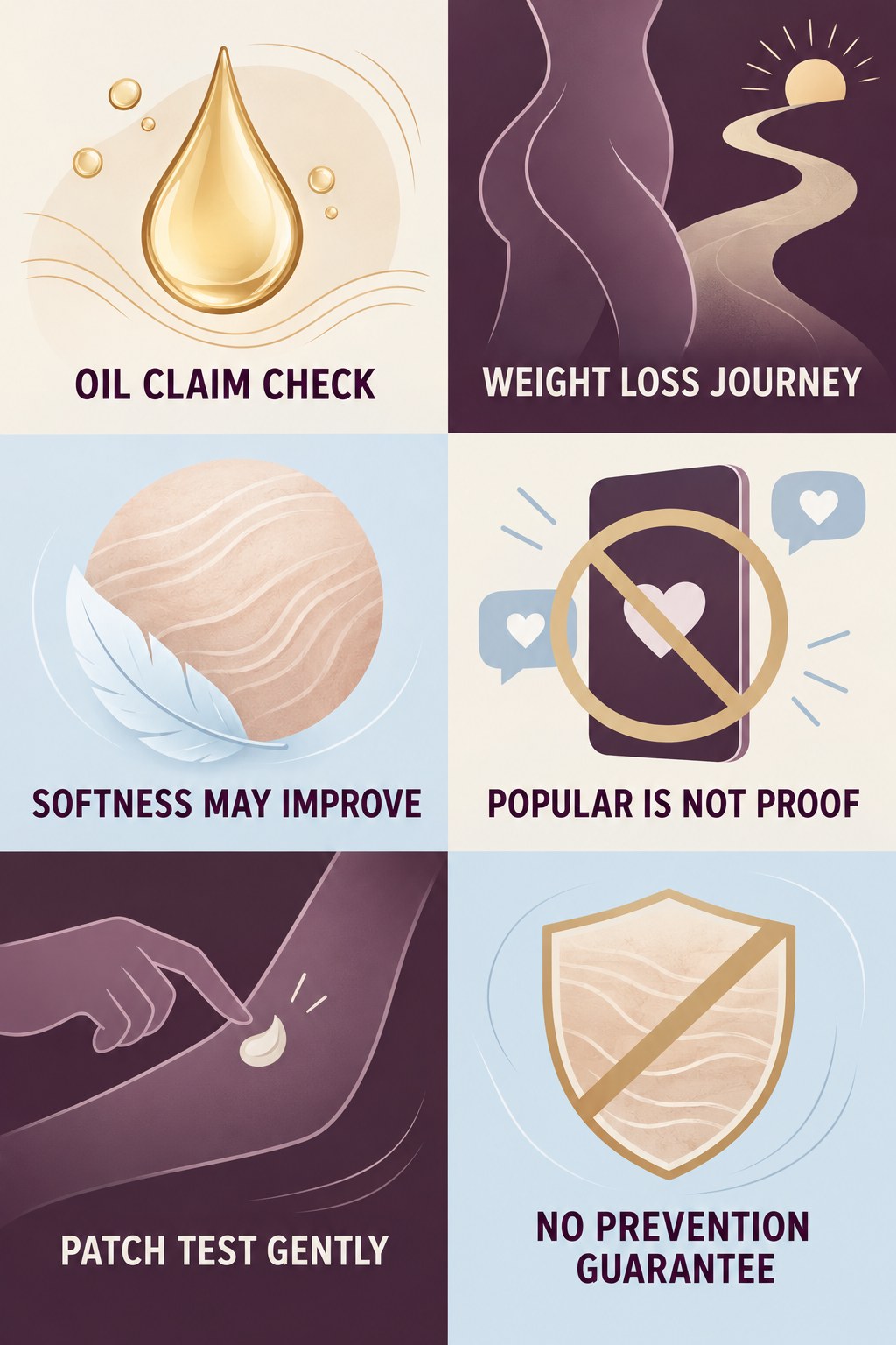 Cocoa Butter and Oil Claim Check infographic for Weight Loss Journey with four concise, body-neutral stretch-mark skincare points.