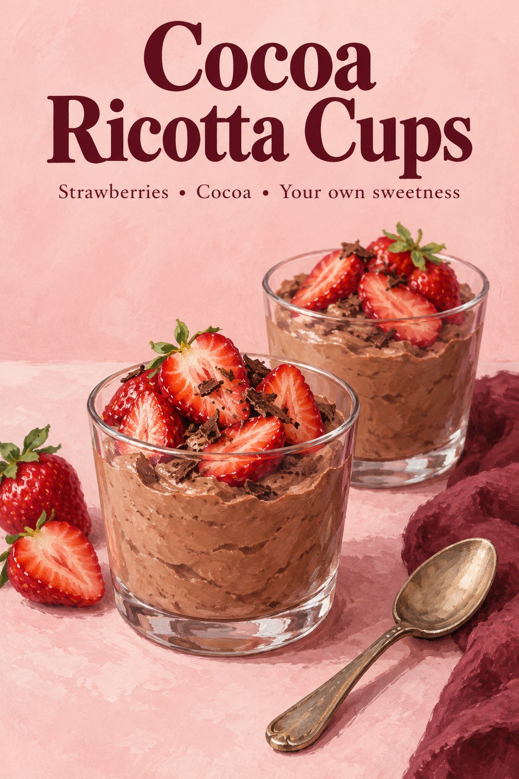 Two small cocoa ricotta dessert cups topped with sliced strawberries