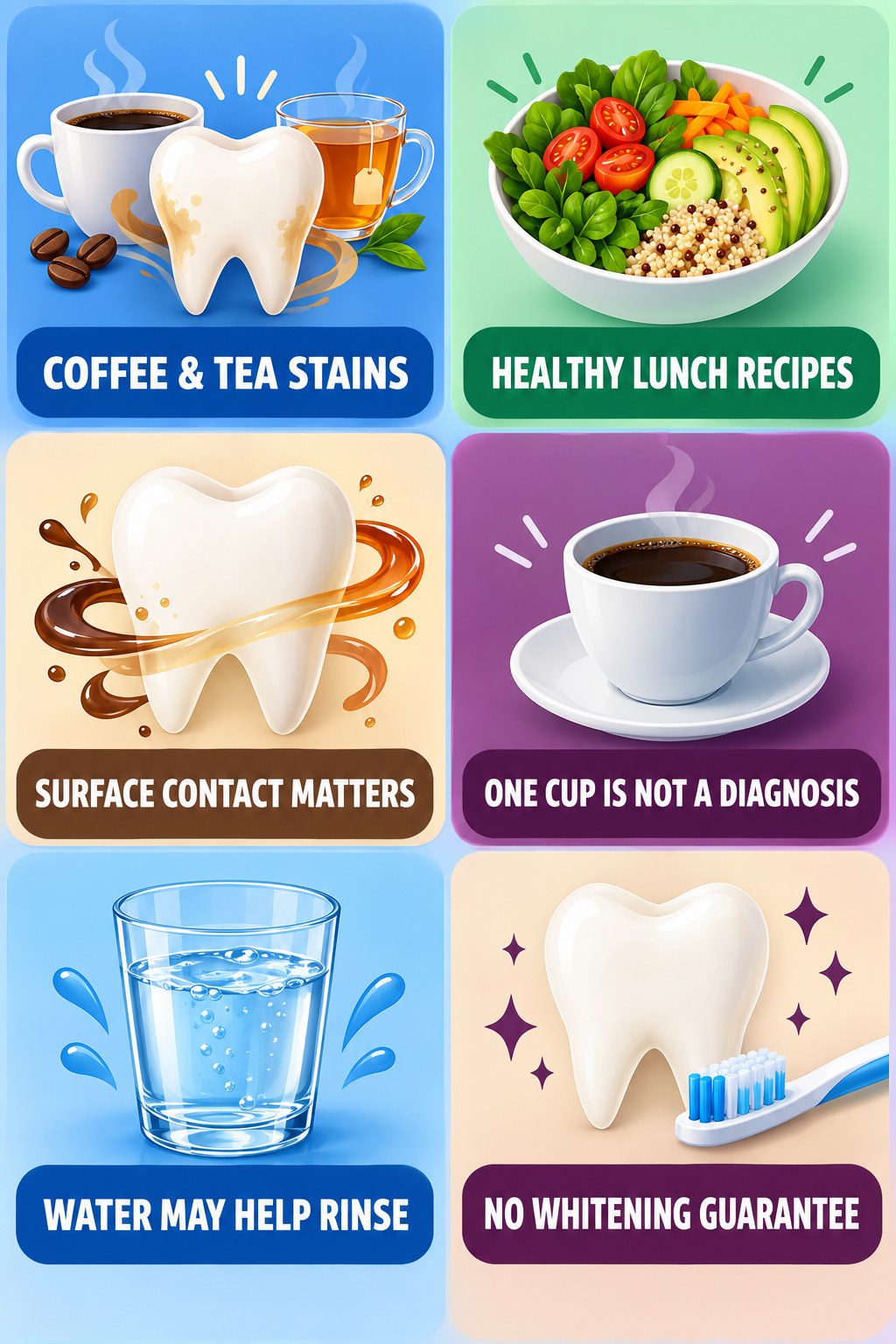 Coffee and Tea Surface-Stain Awareness infographic for Healthy Lunch Recipes with four concise tooth-discoloration safety points.