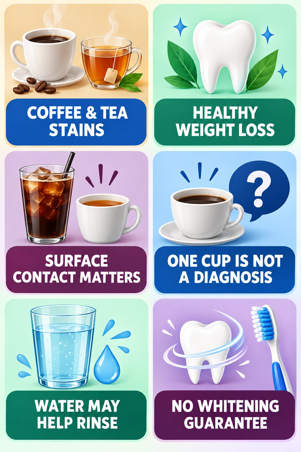 Coffee and Tea Surface-Stain Awareness infographic for Healthy Weight Loss with four concise tooth-discoloration safety points.