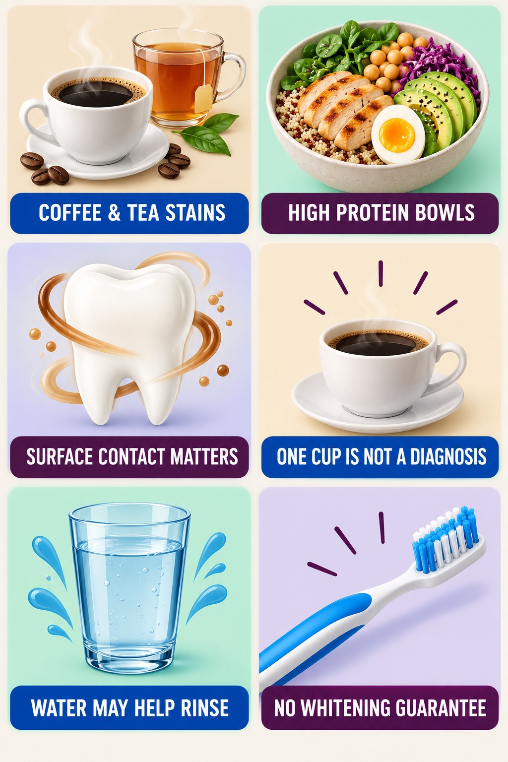 Coffee and Tea Surface-Stain Awareness infographic for High Protein Bowls with four concise tooth-discoloration safety points.