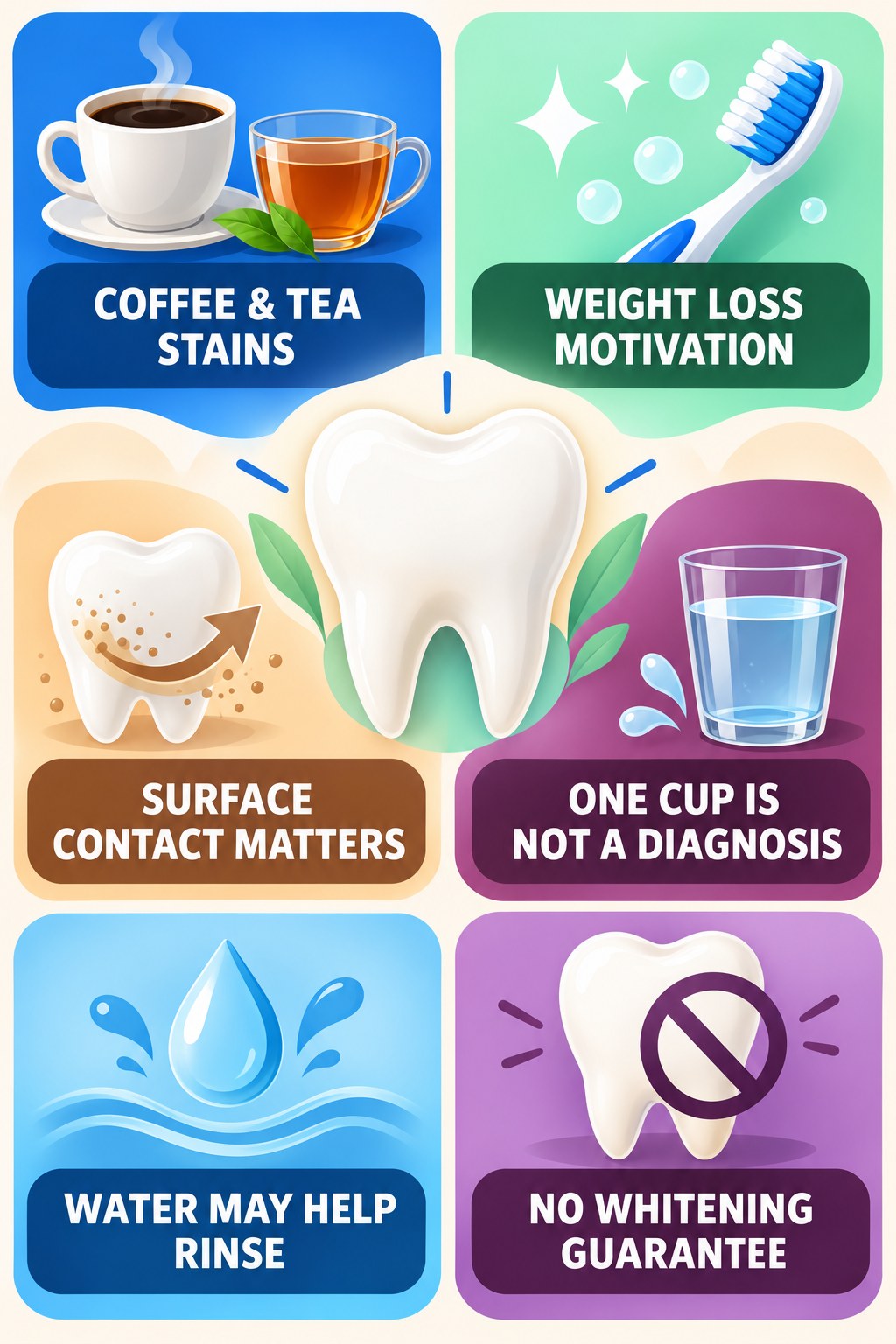 Coffee and Tea Surface-Stain Awareness infographic for Weight Loss Motivation with four concise tooth-discoloration safety points.