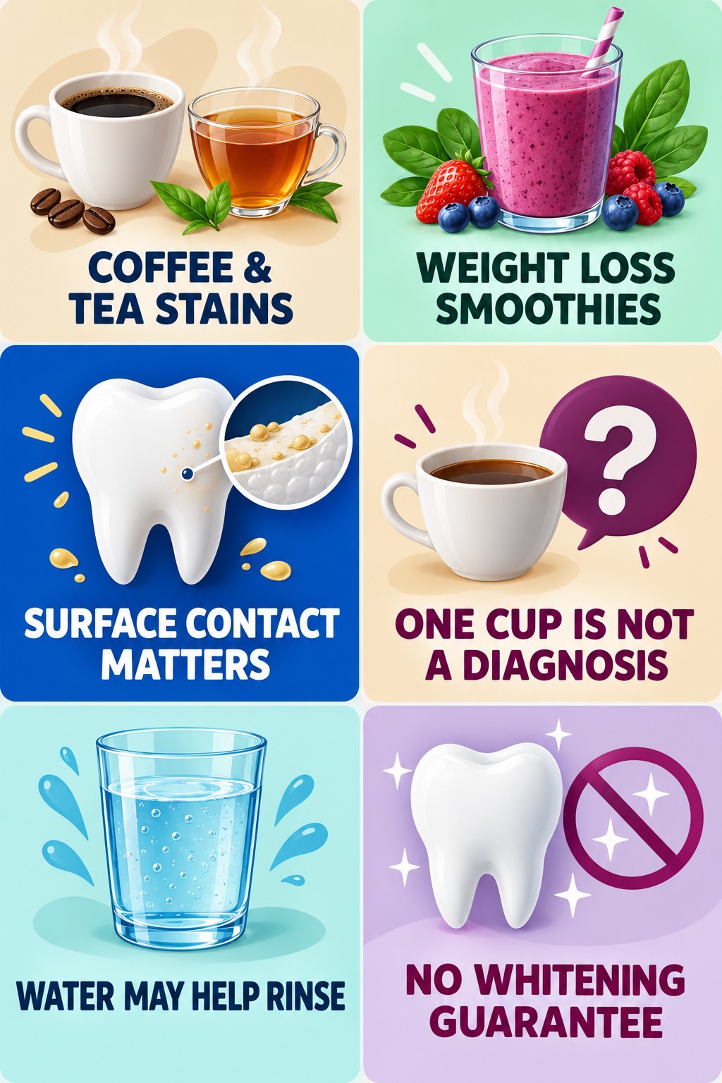 Coffee and Tea Surface-Stain Awareness infographic for Weight Loss Smoothies with four concise tooth-discoloration safety points.