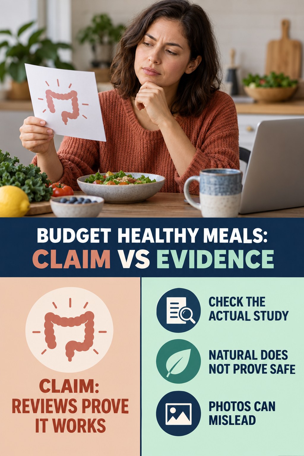 Label and Testimonial Evidence Check infographic for Budget Healthy Meals, separating a colon-cleanse marketing claim from evidence, reasonable conclusions, and safety context.