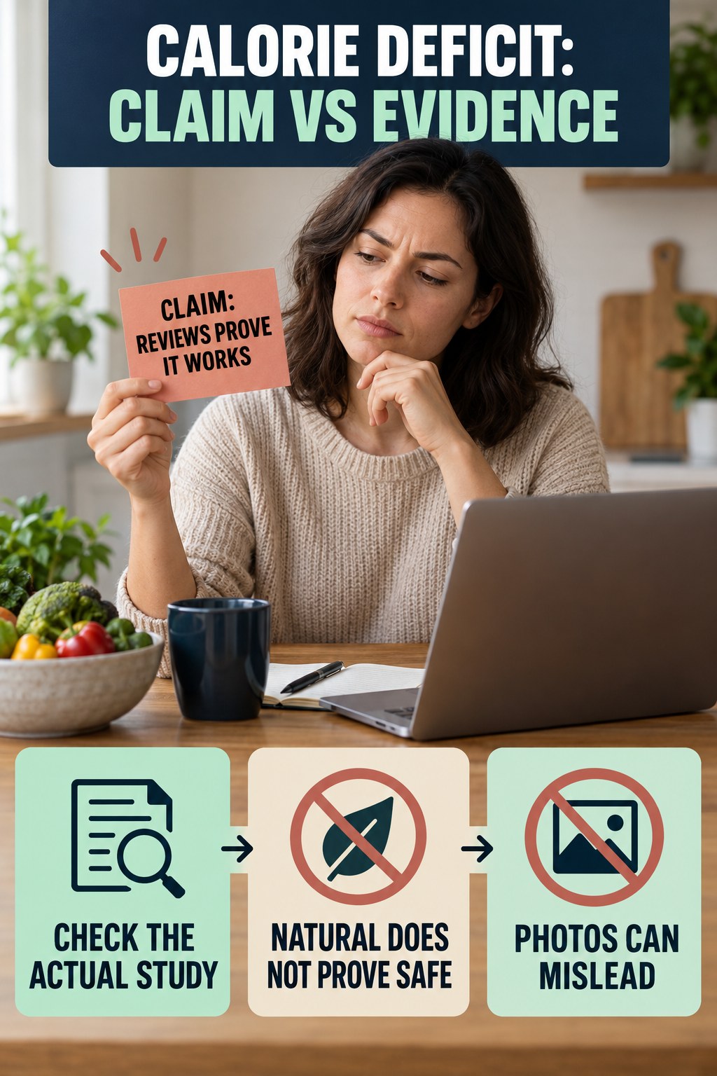Label and Testimonial Evidence Check infographic for Calorie Deficit, separating a colon-cleanse marketing claim from evidence, reasonable conclusions, and safety context.