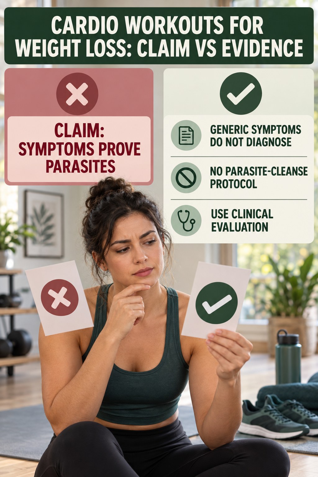 Parasite Cleanse Claims infographic for Cardio Workouts for Weight Loss, separating a colon-cleanse marketing claim from evidence, reasonable conclusions, and safety context.