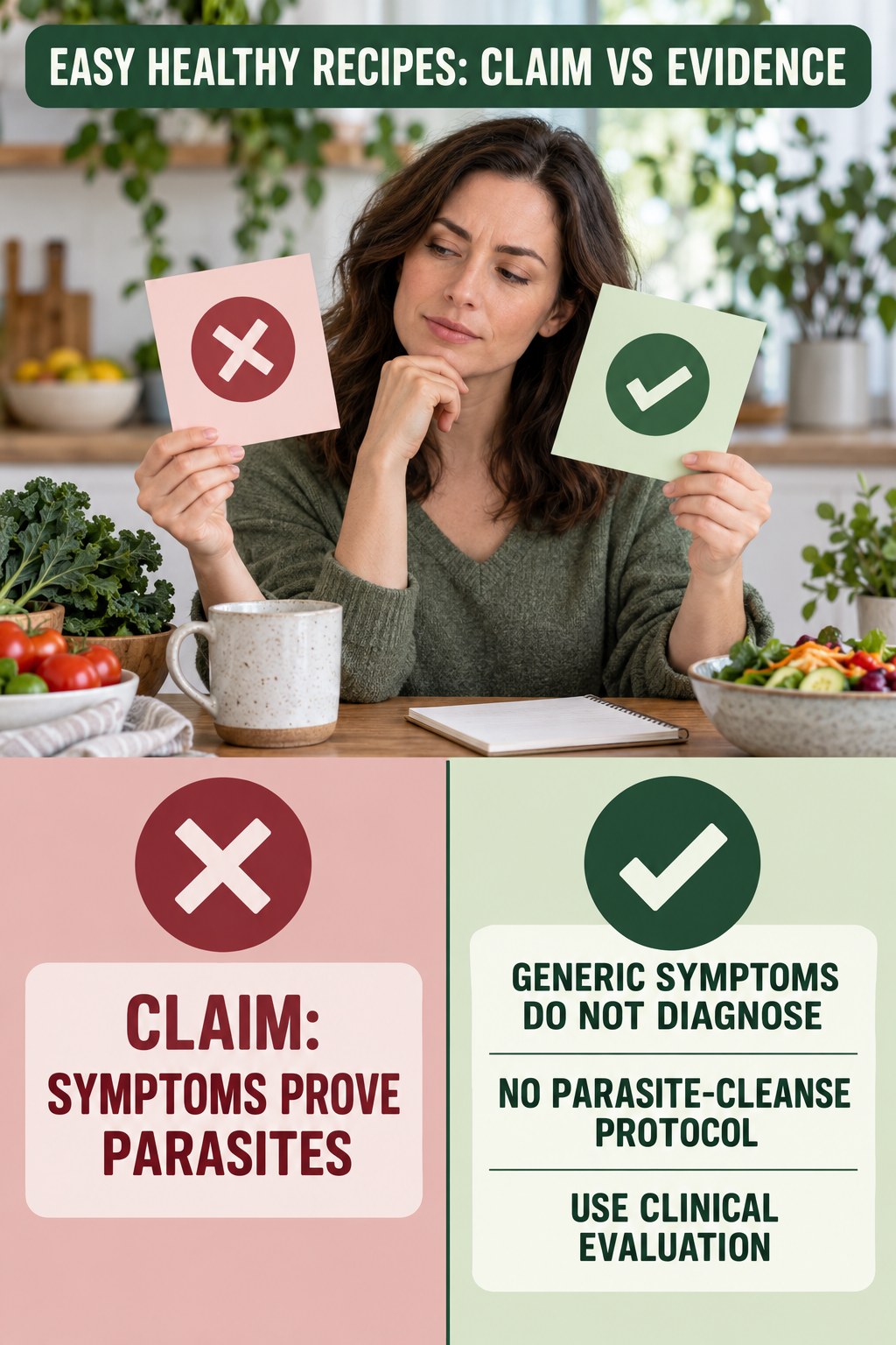 Parasite Cleanse Claims infographic for Easy Healthy Recipes, separating a colon-cleanse marketing claim from evidence, reasonable conclusions, and safety context.