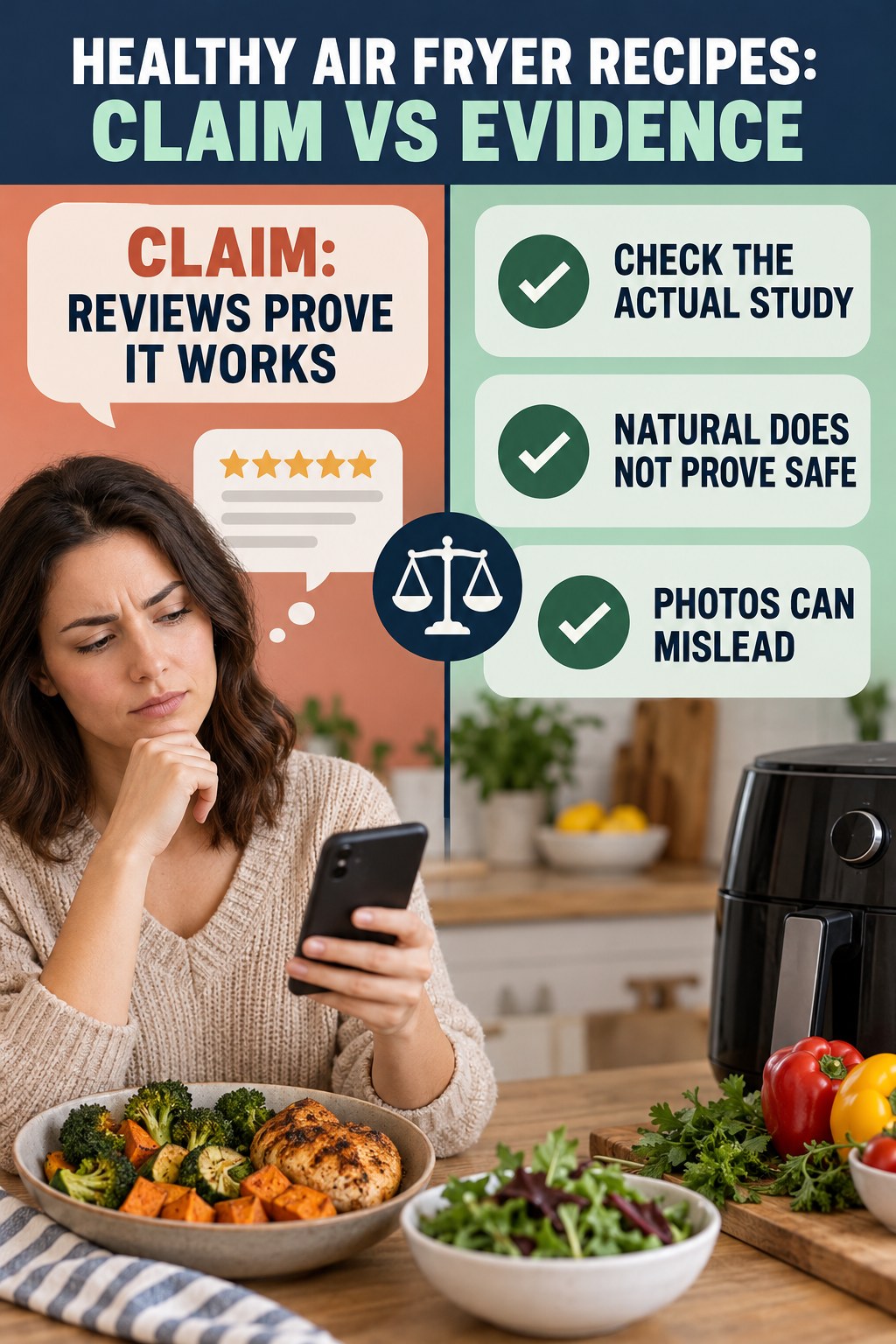 Label and Testimonial Evidence Check infographic for Healthy Air Fryer Recipes, separating a colon-cleanse marketing claim from evidence, reasonable conclusions, and safety context.
