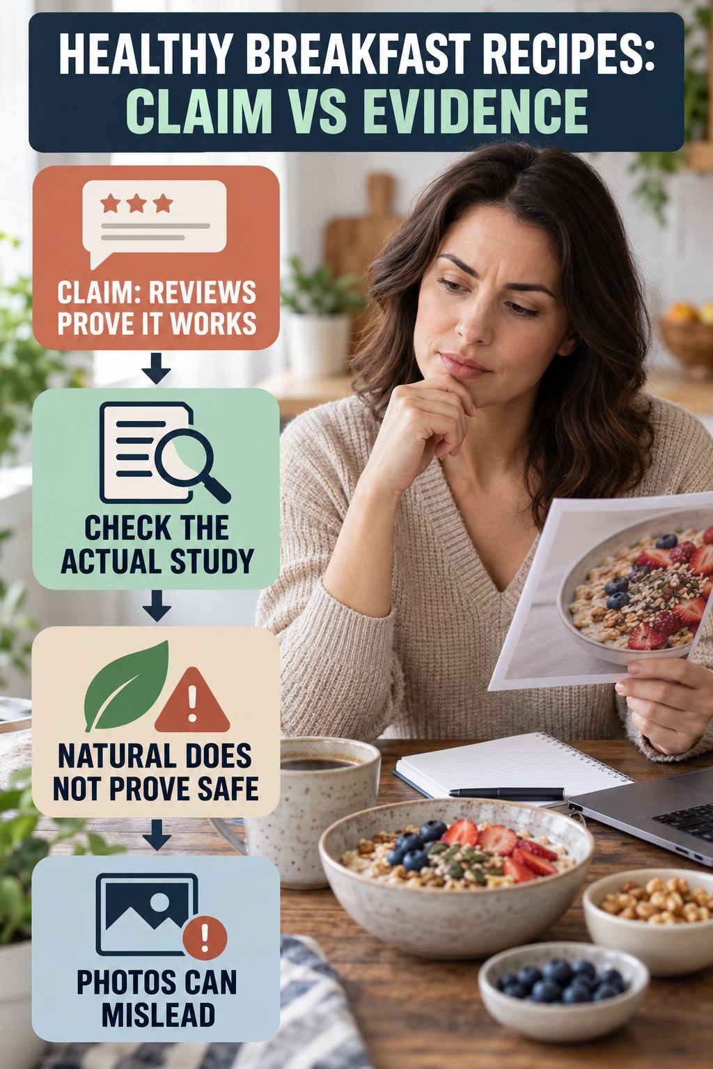 Label and Testimonial Evidence Check infographic for Healthy Breakfast Recipes, separating a colon-cleanse marketing claim from evidence, reasonable conclusions, and safety context.
