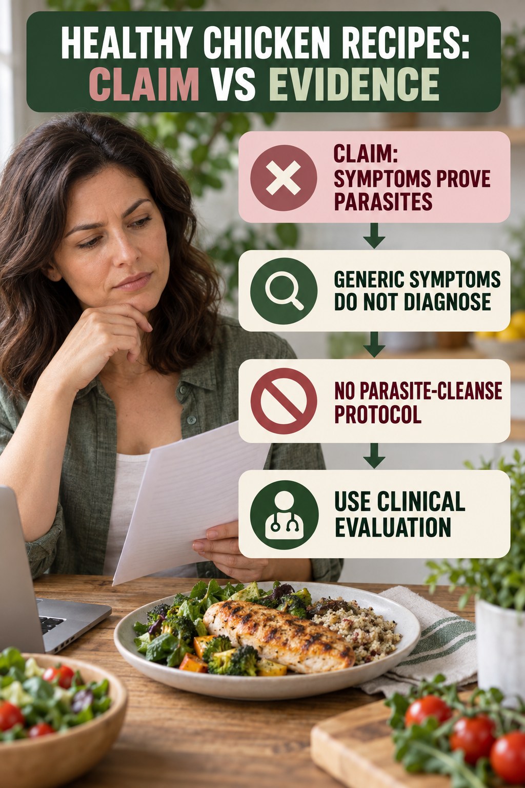 Parasite Cleanse Claims infographic for Healthy Chicken Recipes, separating a colon-cleanse marketing claim from evidence, reasonable conclusions, and safety context.