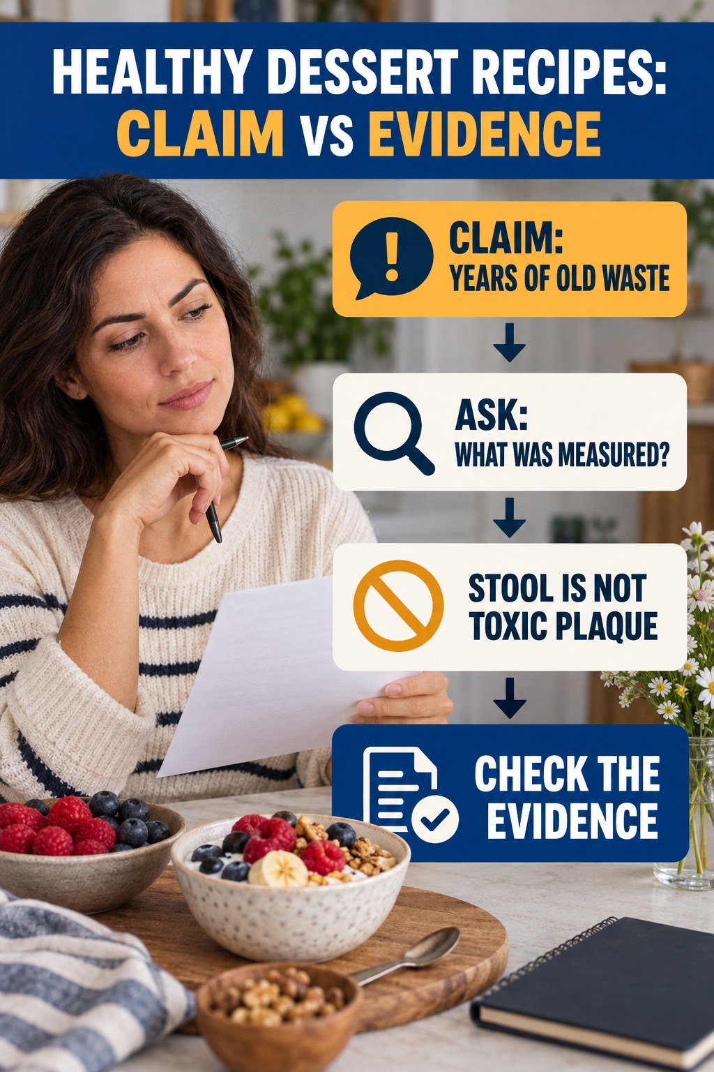 Old Waste Buildup Claims infographic for Healthy Dessert Recipes, separating a colon-cleanse marketing claim from evidence, reasonable conclusions, and safety context.