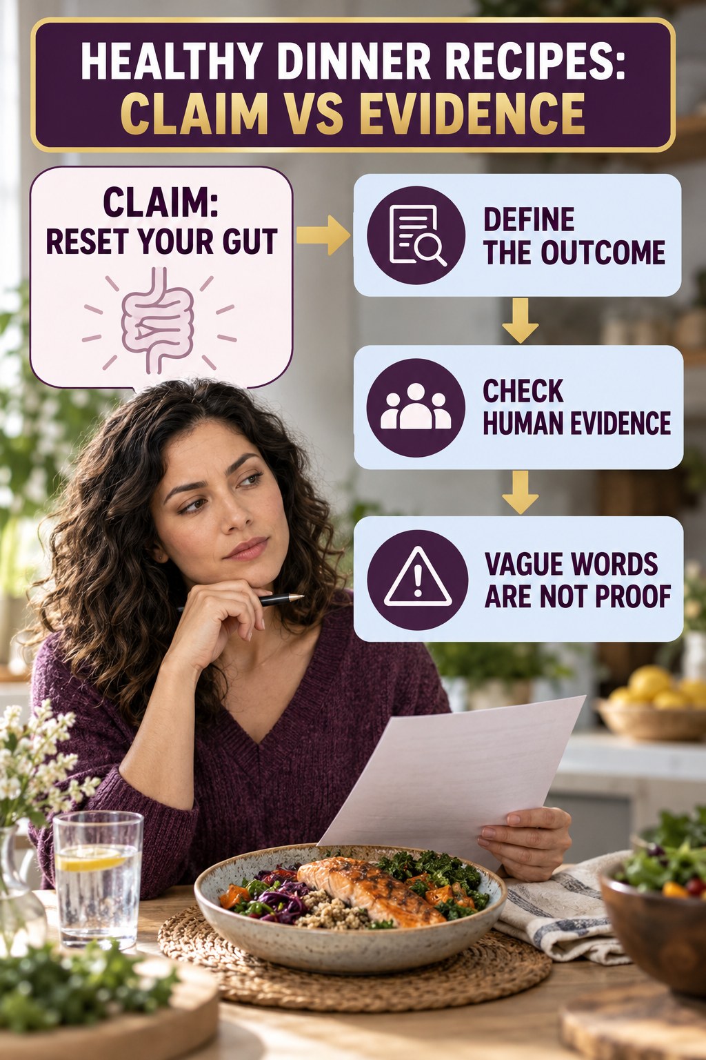 Gut and Microbiome Reset Claims infographic for Healthy Dinner Recipes, separating a colon-cleanse marketing claim from evidence, reasonable conclusions, and safety context.