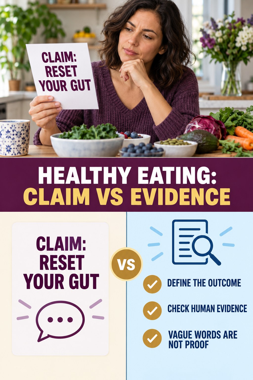 Gut and Microbiome Reset Claims infographic for Healthy Eating, separating a colon-cleanse marketing claim from evidence, reasonable conclusions, and safety context.