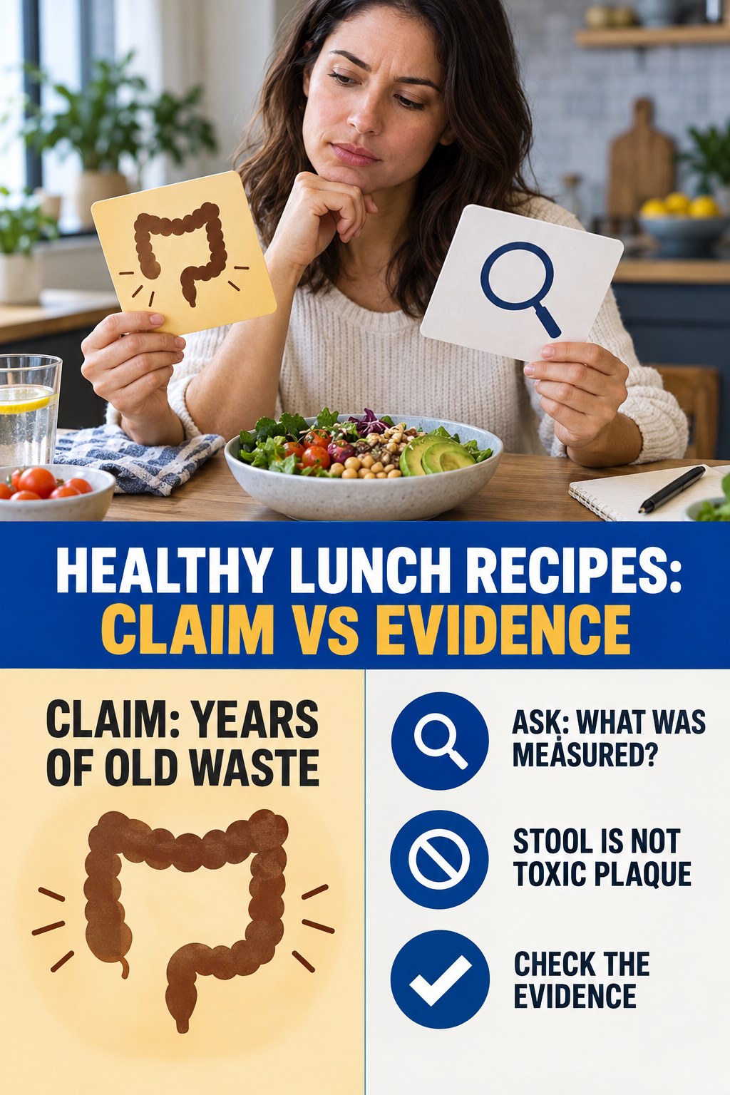 Old Waste Buildup Claims infographic for Healthy Lunch Recipes, separating a colon-cleanse marketing claim from evidence, reasonable conclusions, and safety context.