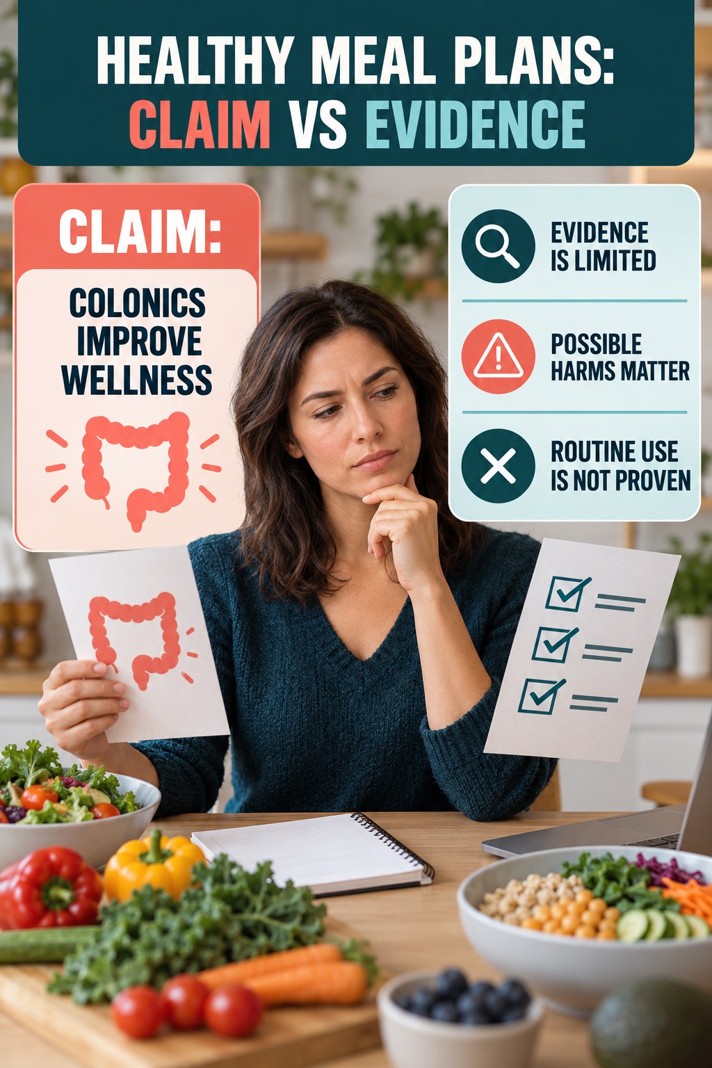 Colon Hydrotherapy Claims infographic for Healthy Meal Plans, separating a colon-cleanse marketing claim from evidence, reasonable conclusions, and safety context.