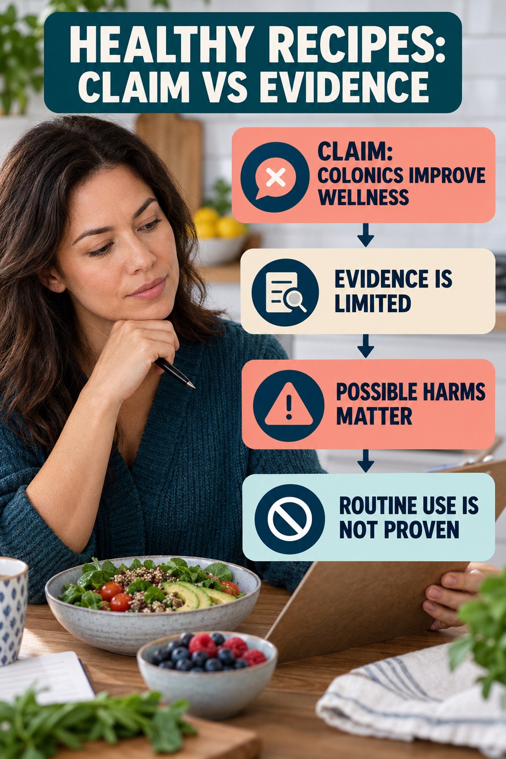 Colon Hydrotherapy Claims infographic for Healthy Recipes, separating a colon-cleanse marketing claim from evidence, reasonable conclusions, and safety context.