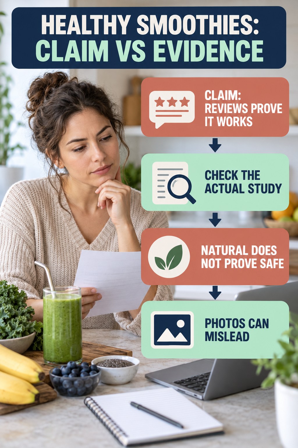 Label and Testimonial Evidence Check infographic for Healthy Smoothies, separating a colon-cleanse marketing claim from evidence, reasonable conclusions, and safety context.