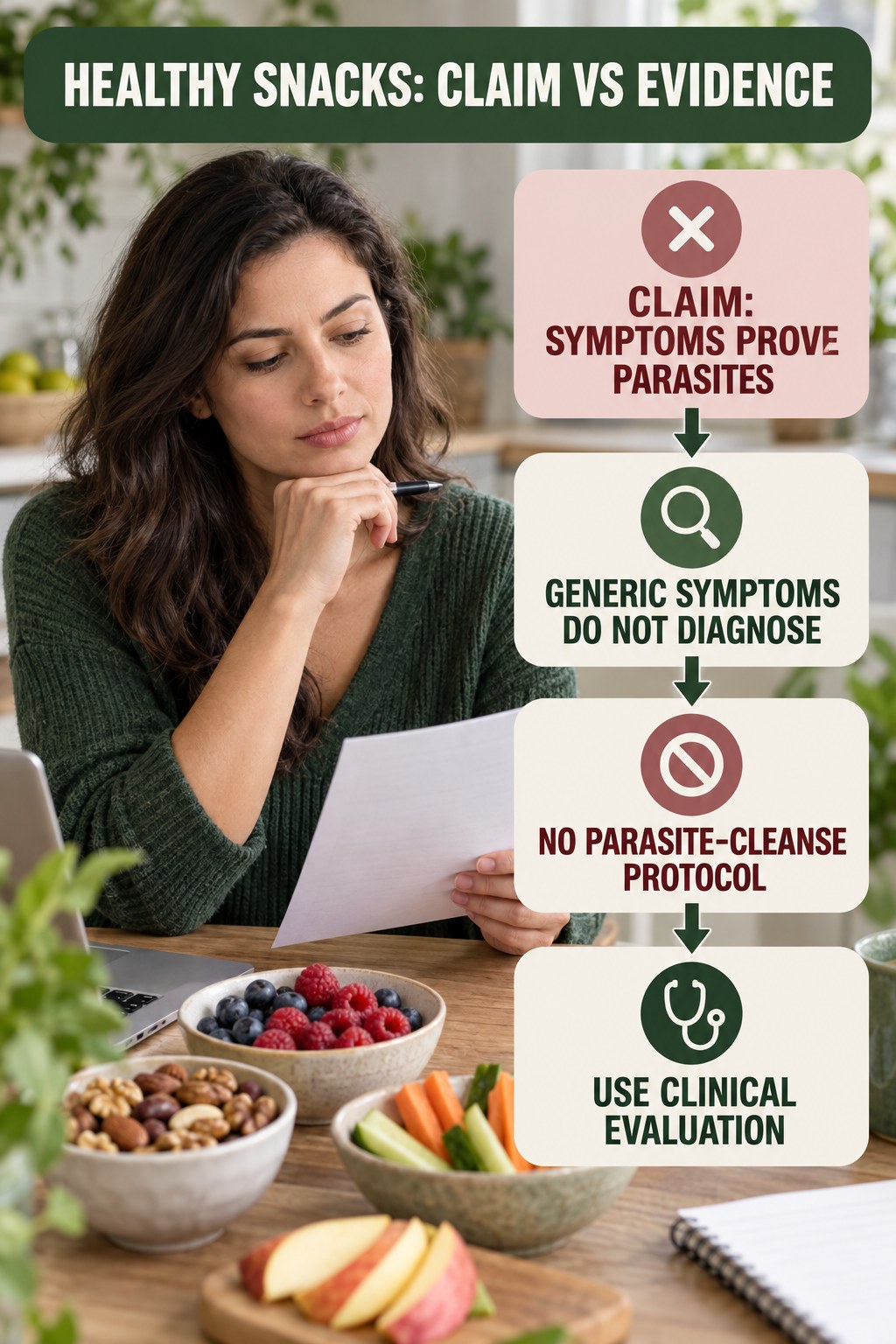 Parasite Cleanse Claims infographic for Healthy Snacks, separating a colon-cleanse marketing claim from evidence, reasonable conclusions, and safety context.