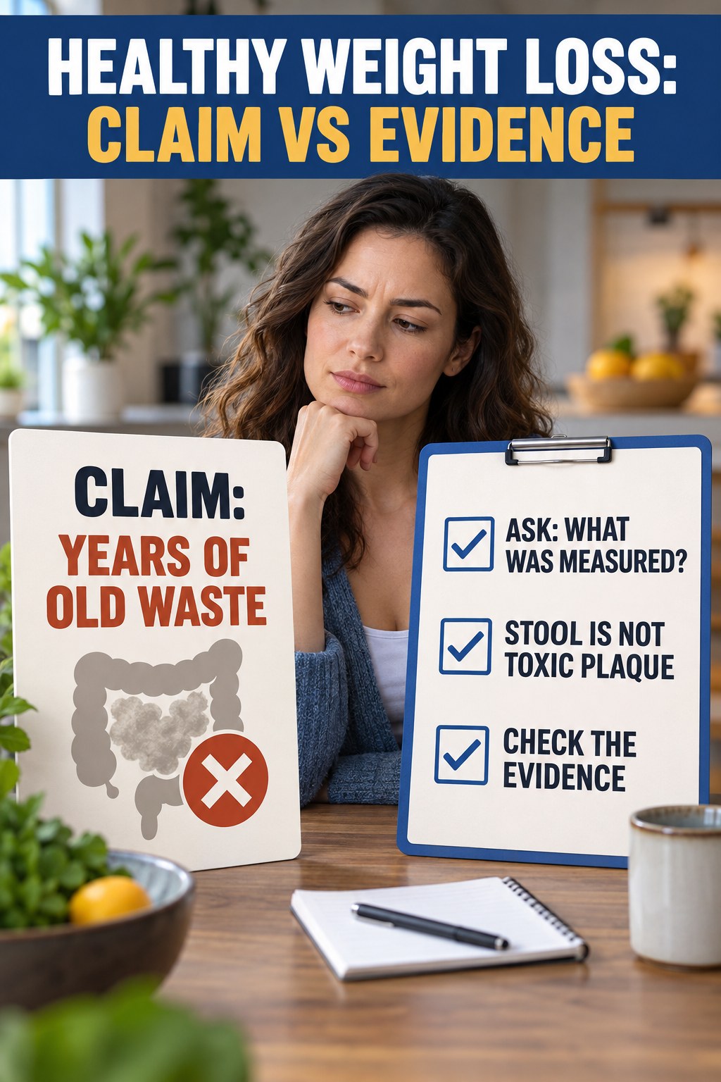 Old Waste Buildup Claims infographic for Healthy Weight Loss, separating a colon-cleanse marketing claim from evidence, reasonable conclusions, and safety context.