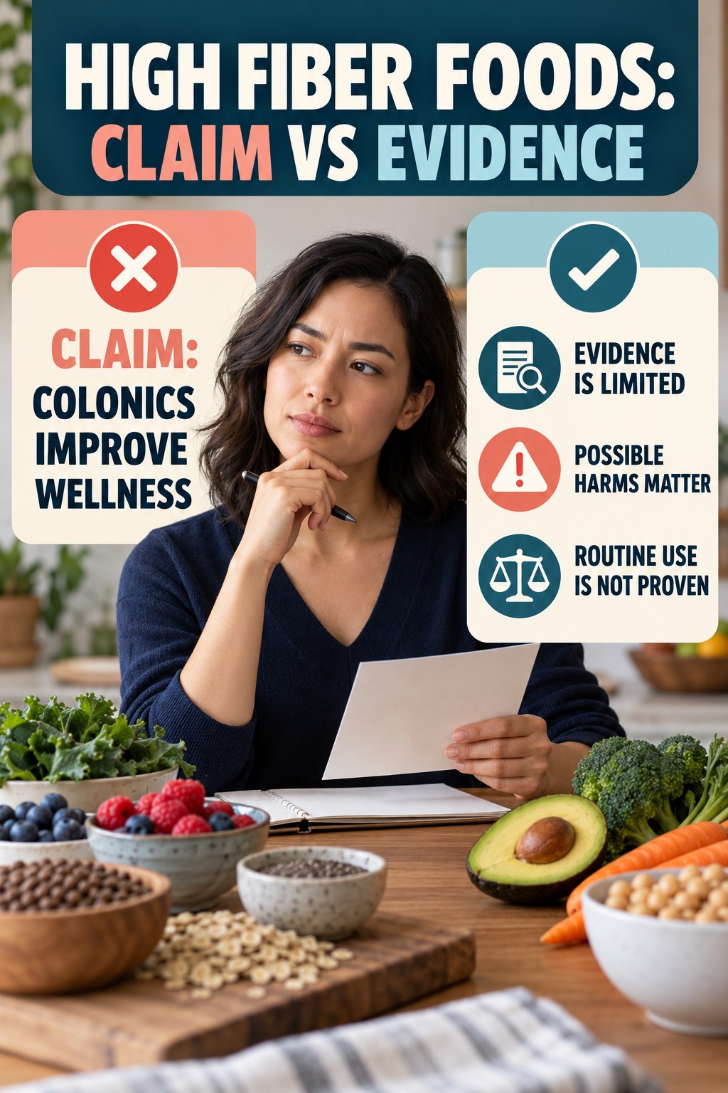 Colon Hydrotherapy Claims infographic for High Fiber Foods, separating a colon-cleanse marketing claim from evidence, reasonable conclusions, and safety context.