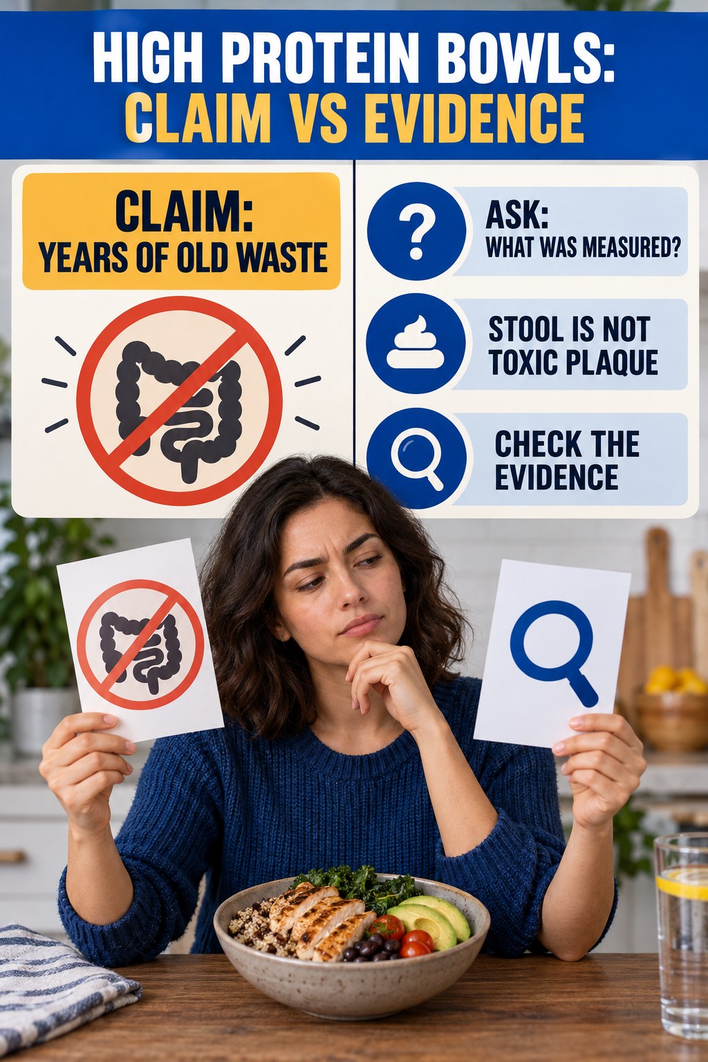 Old Waste Buildup Claims infographic for High Protein Bowls, separating a colon-cleanse marketing claim from evidence, reasonable conclusions, and safety context.
