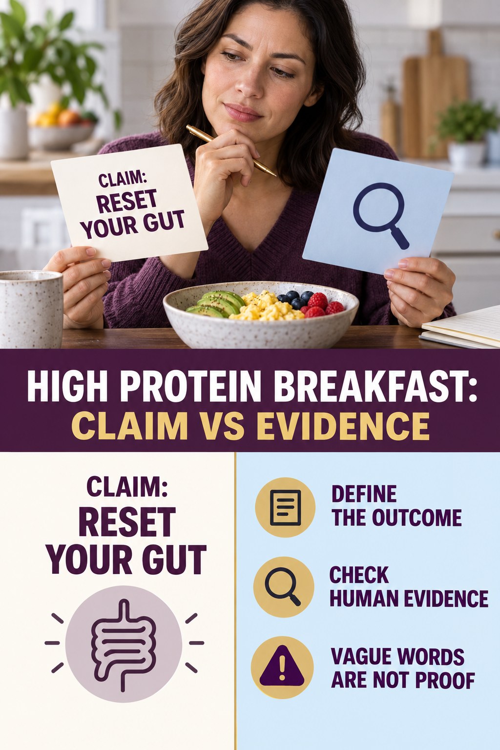 Gut and Microbiome Reset Claims infographic for High Protein Breakfast, separating a colon-cleanse marketing claim from evidence, reasonable conclusions, and safety context.