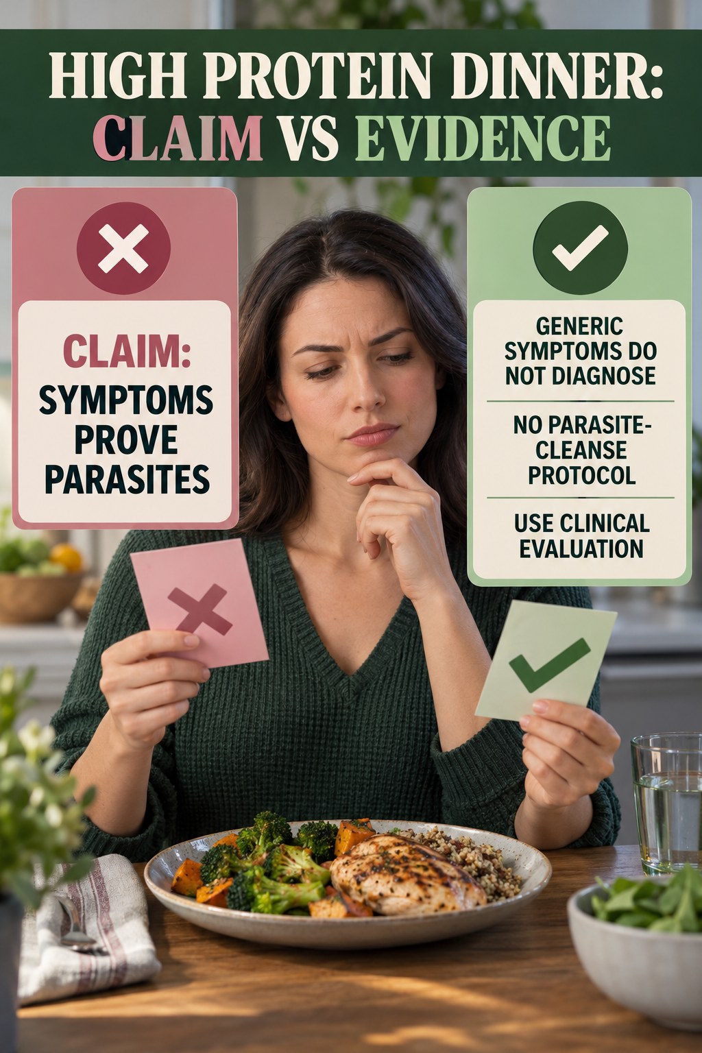 Parasite Cleanse Claims infographic for High Protein Dinner, separating a colon-cleanse marketing claim from evidence, reasonable conclusions, and safety context.