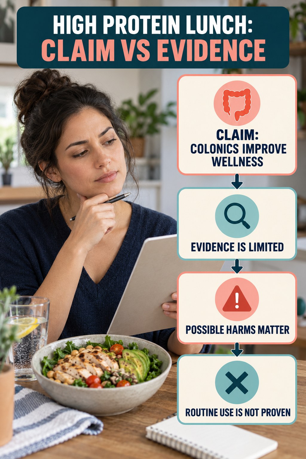Colon Hydrotherapy Claims infographic for High Protein Lunch, separating a colon-cleanse marketing claim from evidence, reasonable conclusions, and safety context.