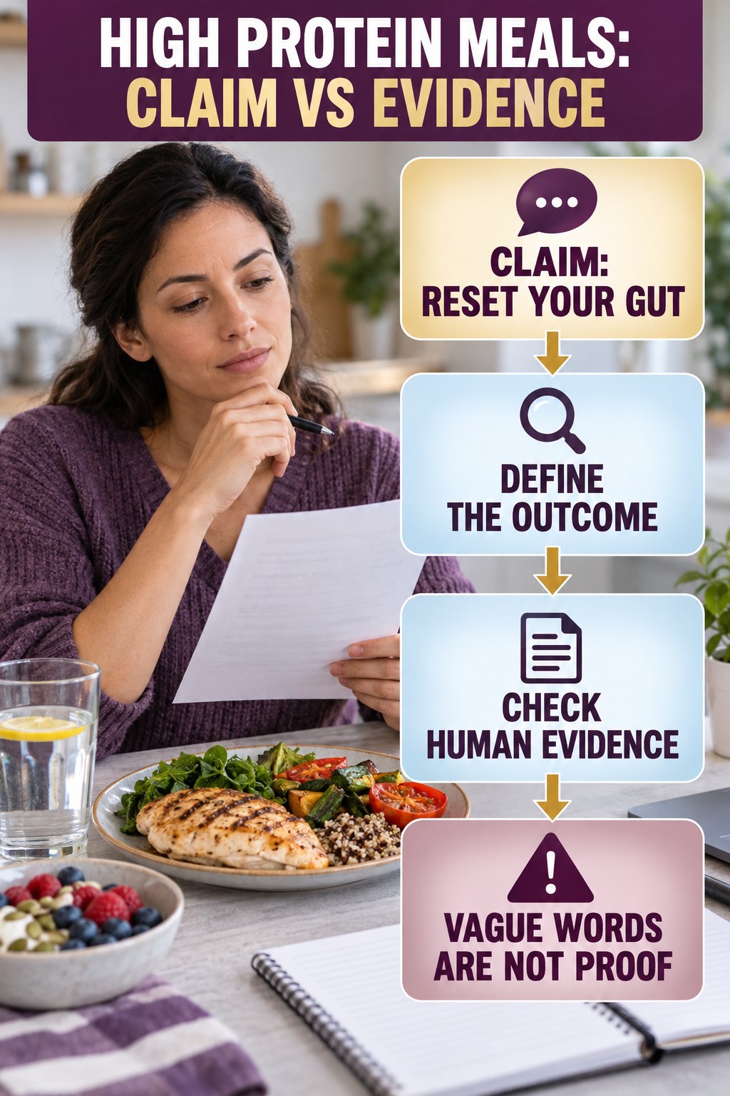 Gut and Microbiome Reset Claims infographic for High Protein Meals, separating a colon-cleanse marketing claim from evidence, reasonable conclusions, and safety context.