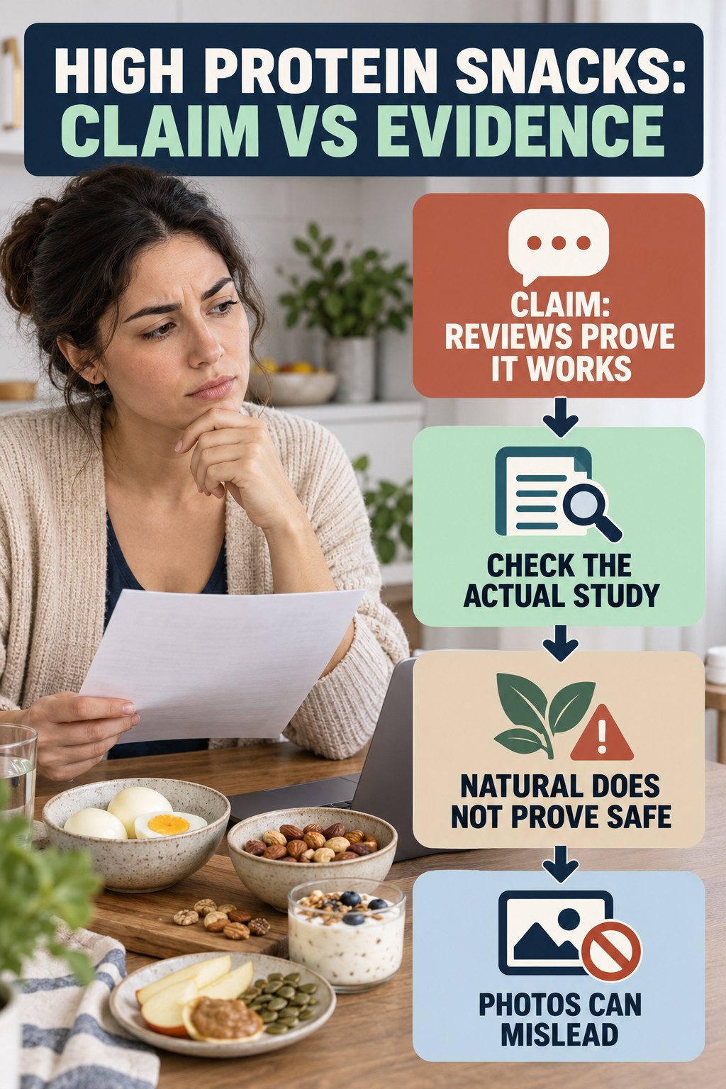Label and Testimonial Evidence Check infographic for High Protein Snacks, separating a colon-cleanse marketing claim from evidence, reasonable conclusions, and safety context.