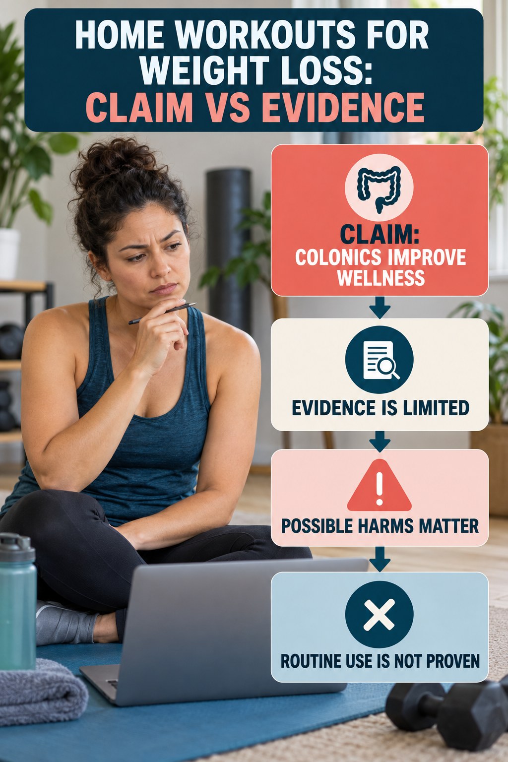Colon Hydrotherapy Claims infographic for Home Workouts for Weight Loss, separating a colon-cleanse marketing claim from evidence, reasonable conclusions, and safety context.