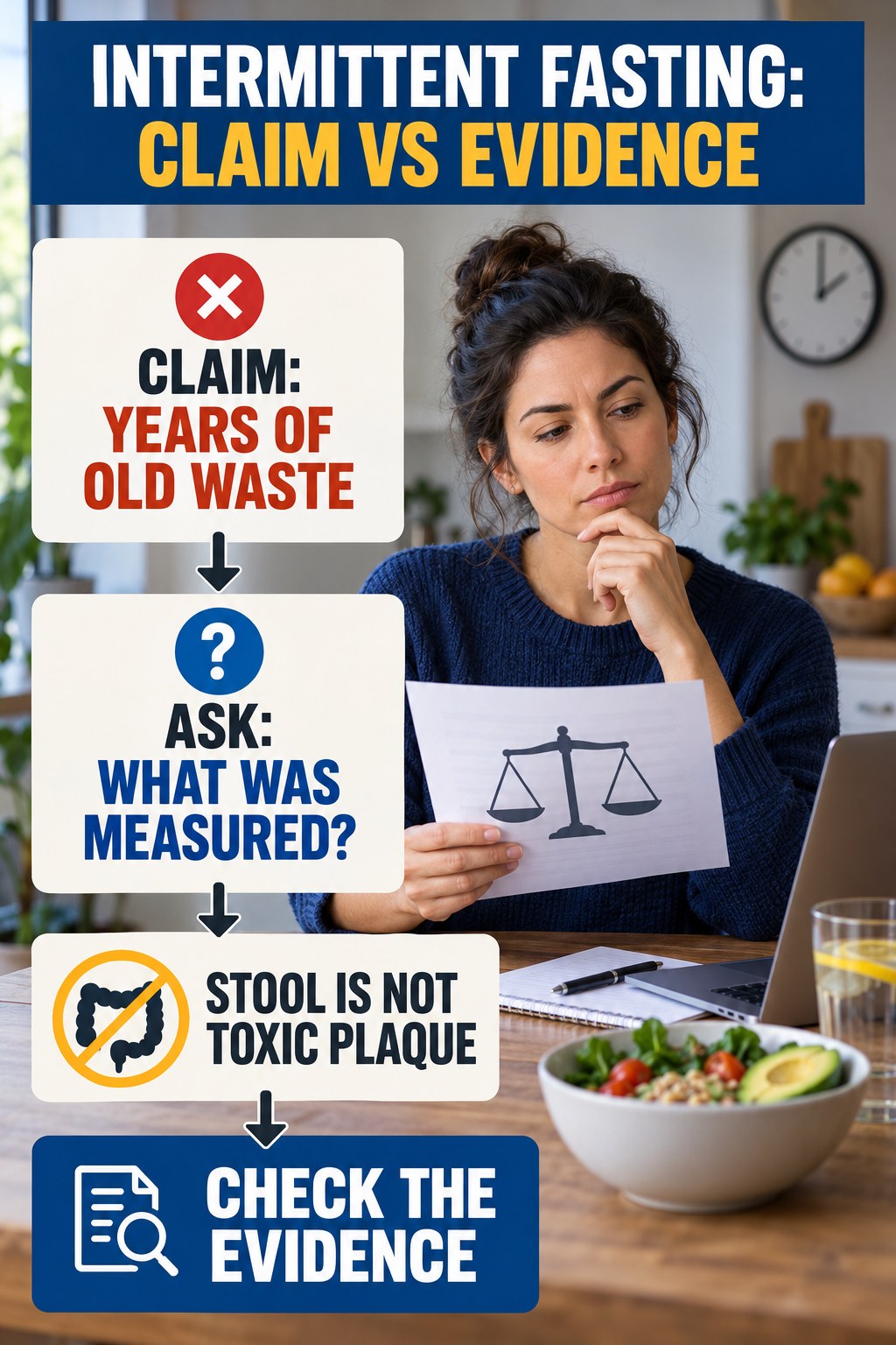 Old Waste Buildup Claims infographic for Intermittent Fasting, separating a colon-cleanse marketing claim from evidence, reasonable conclusions, and safety context.