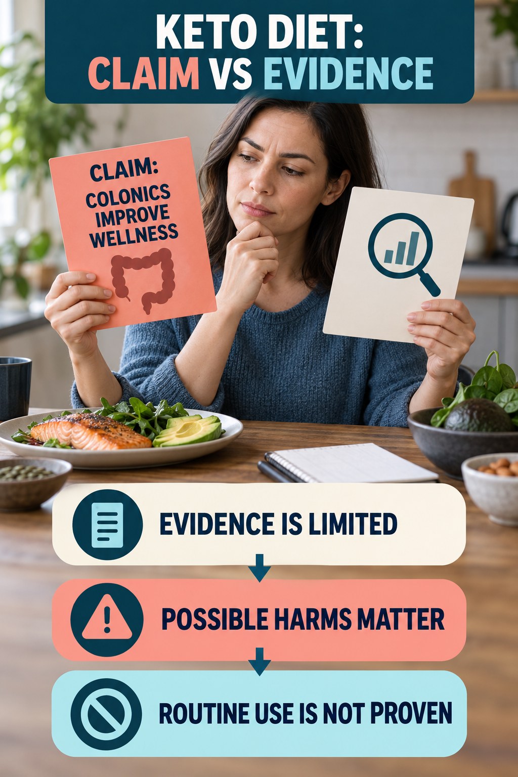 Colon Hydrotherapy Claims infographic for Keto Diet, separating a colon-cleanse marketing claim from evidence, reasonable conclusions, and safety context.