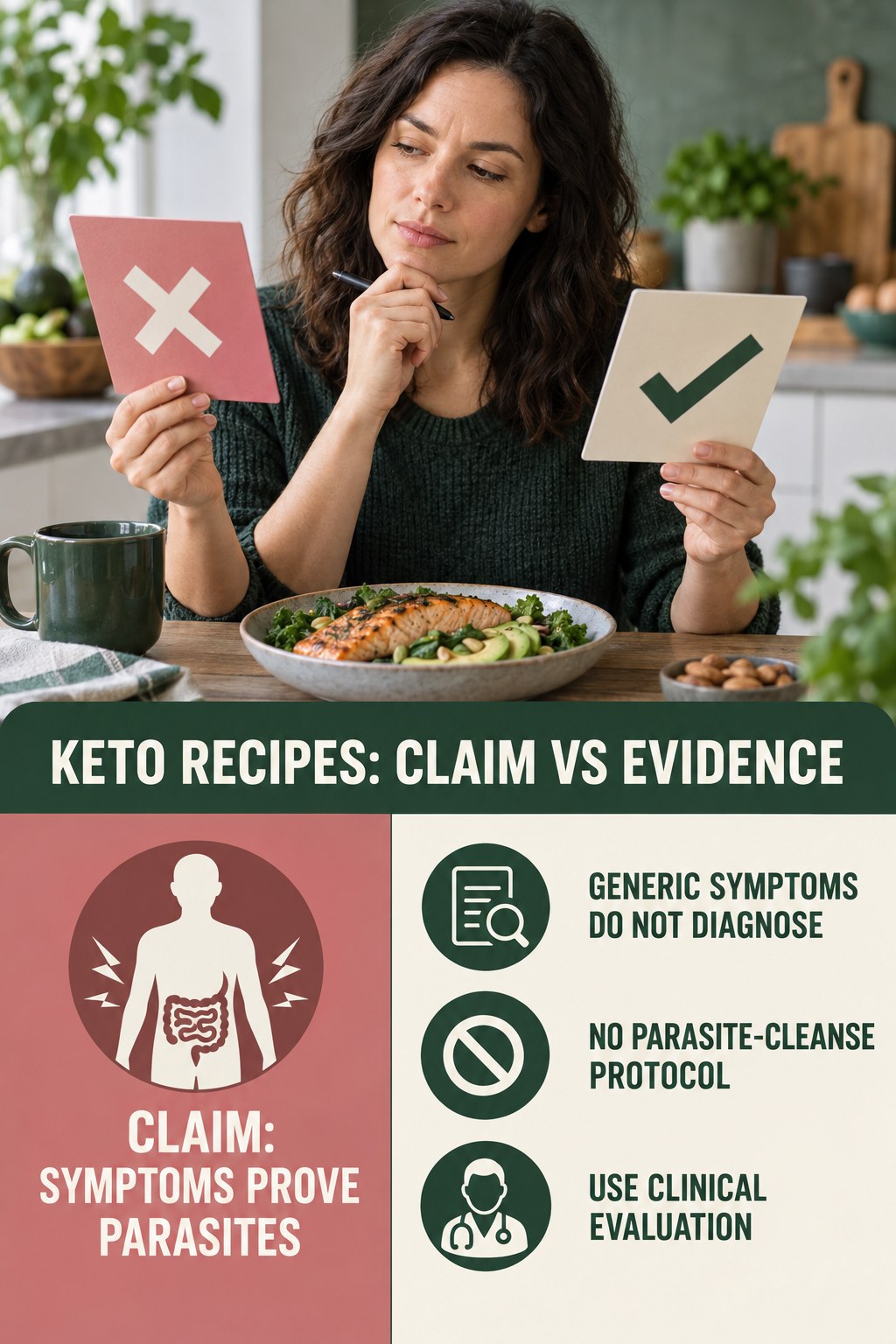 Parasite Cleanse Claims infographic for Keto Recipes, separating a colon-cleanse marketing claim from evidence, reasonable conclusions, and safety context.