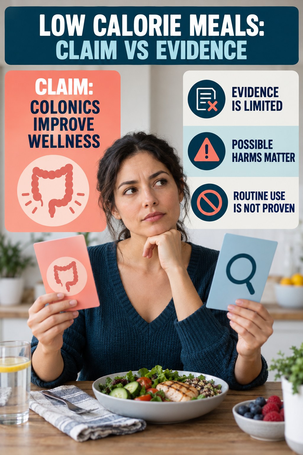 Colon Hydrotherapy Claims infographic for Low Calorie Meals, separating a colon-cleanse marketing claim from evidence, reasonable conclusions, and safety context.