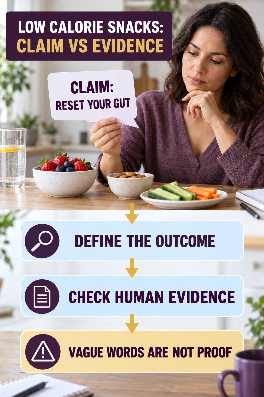 Gut and Microbiome Reset Claims infographic for Low Calorie Snacks, separating a colon-cleanse marketing claim from evidence, reasonable conclusions, and safety context.