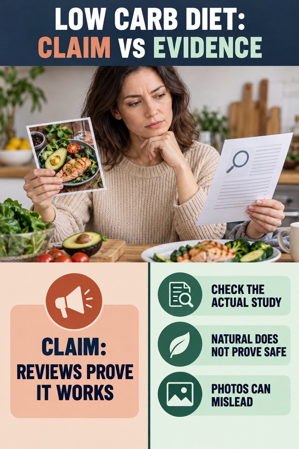 Label and Testimonial Evidence Check infographic for Low Carb Diet, separating a colon-cleanse marketing claim from evidence, reasonable conclusions, and safety context.