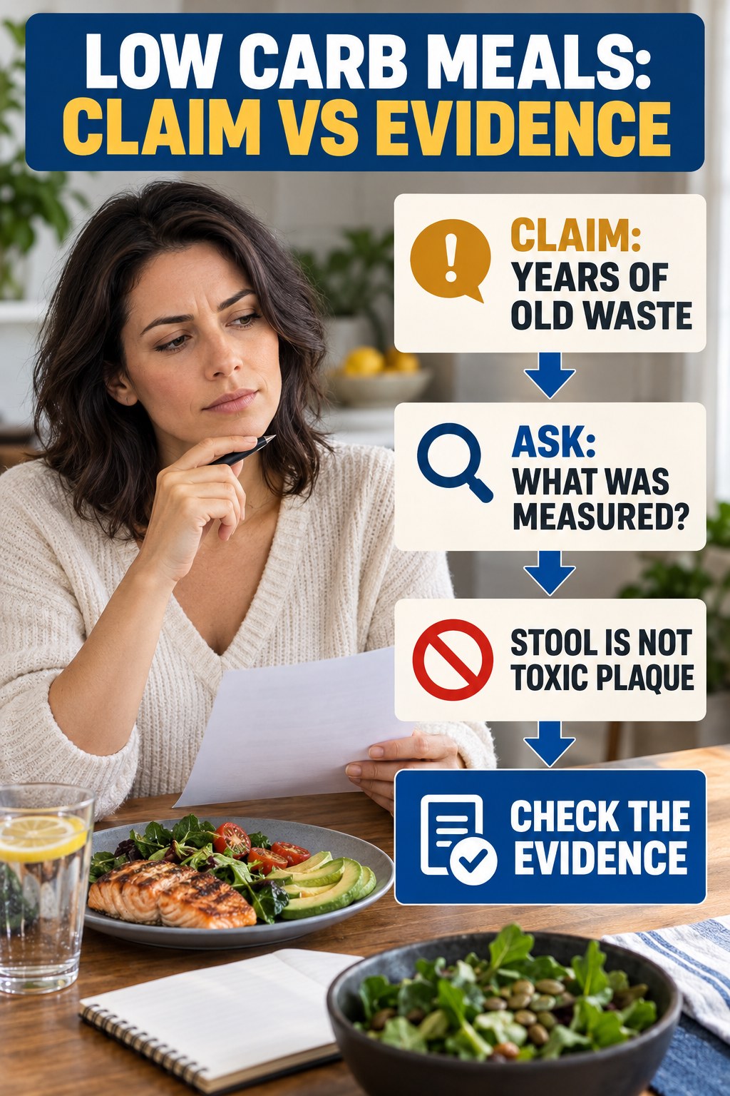 Old Waste Buildup Claims infographic for Low Carb Meals, separating a colon-cleanse marketing claim from evidence, reasonable conclusions, and safety context.