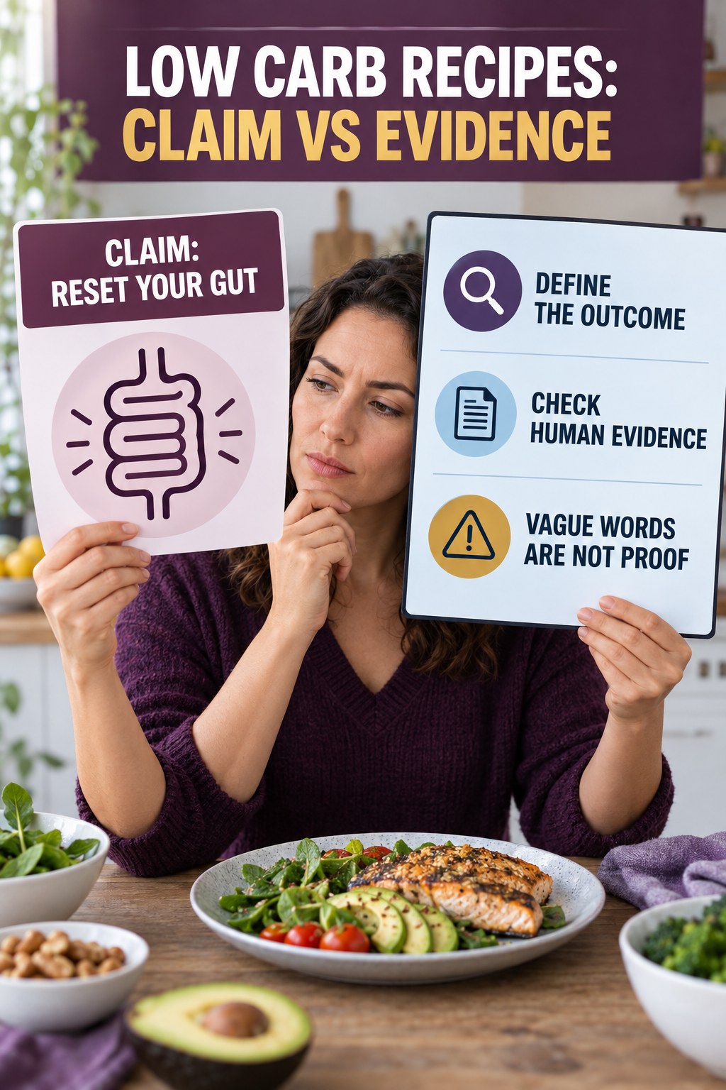 Gut and Microbiome Reset Claims infographic for Low Carb Recipes, separating a colon-cleanse marketing claim from evidence, reasonable conclusions, and safety context.