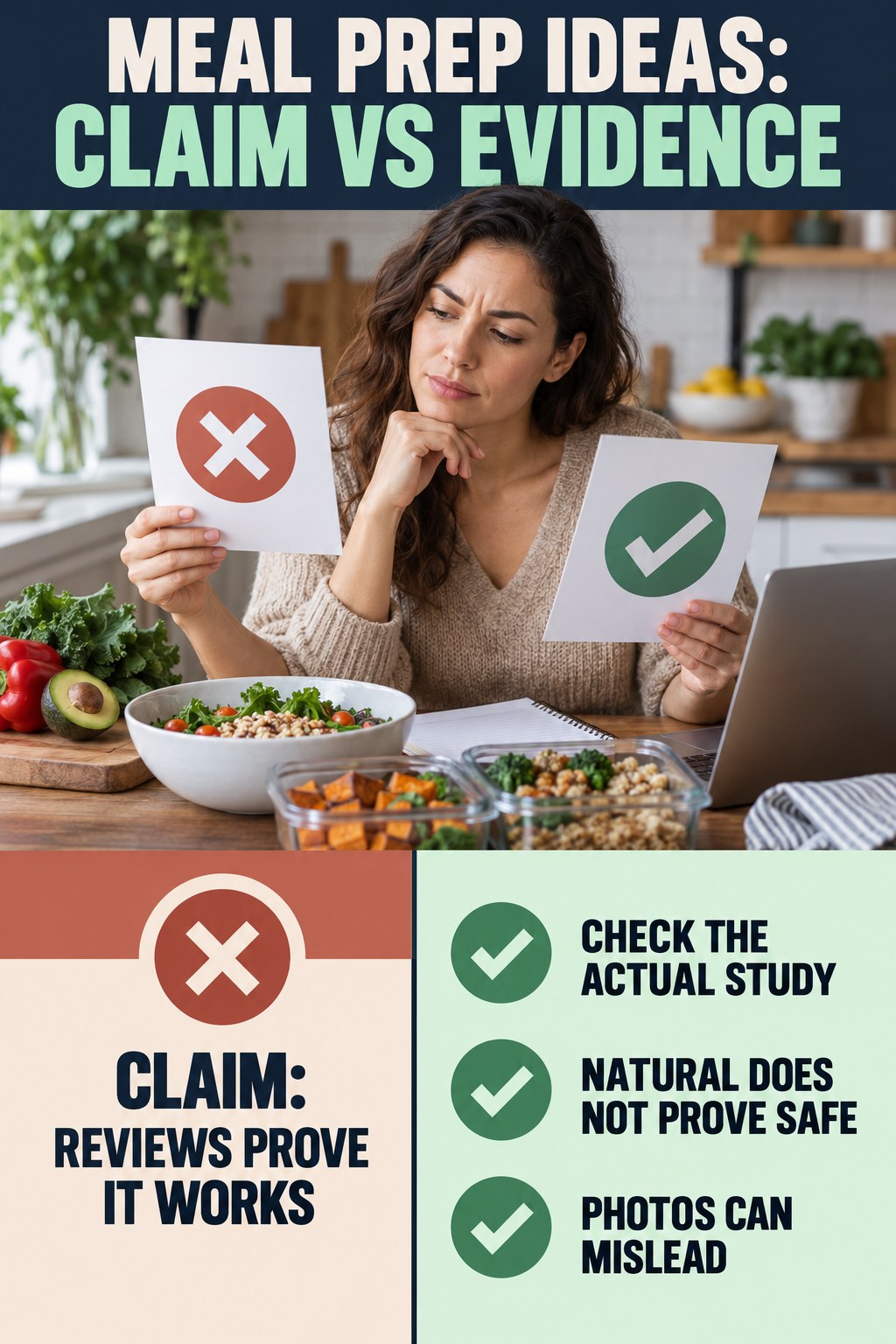 Label and Testimonial Evidence Check infographic for Meal Prep Ideas, separating a colon-cleanse marketing claim from evidence, reasonable conclusions, and safety context.