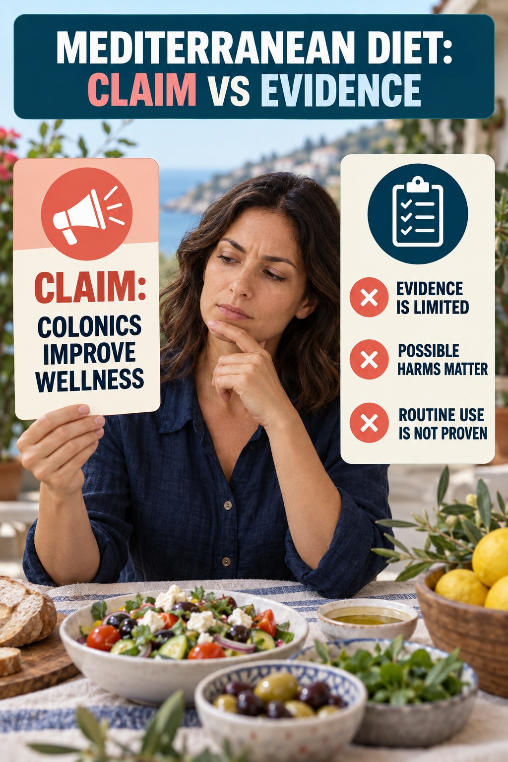 Colon Hydrotherapy Claims infographic for Mediterranean Diet, separating a colon-cleanse marketing claim from evidence, reasonable conclusions, and safety context.