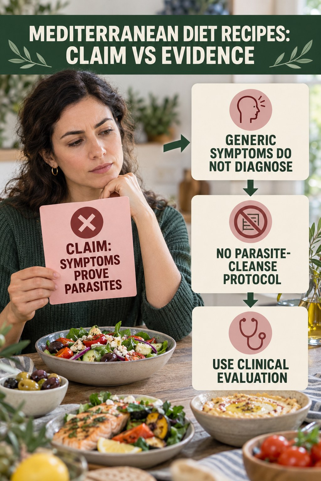 Parasite Cleanse Claims infographic for Mediterranean Diet Recipes, separating a colon-cleanse marketing claim from evidence, reasonable conclusions, and safety context.