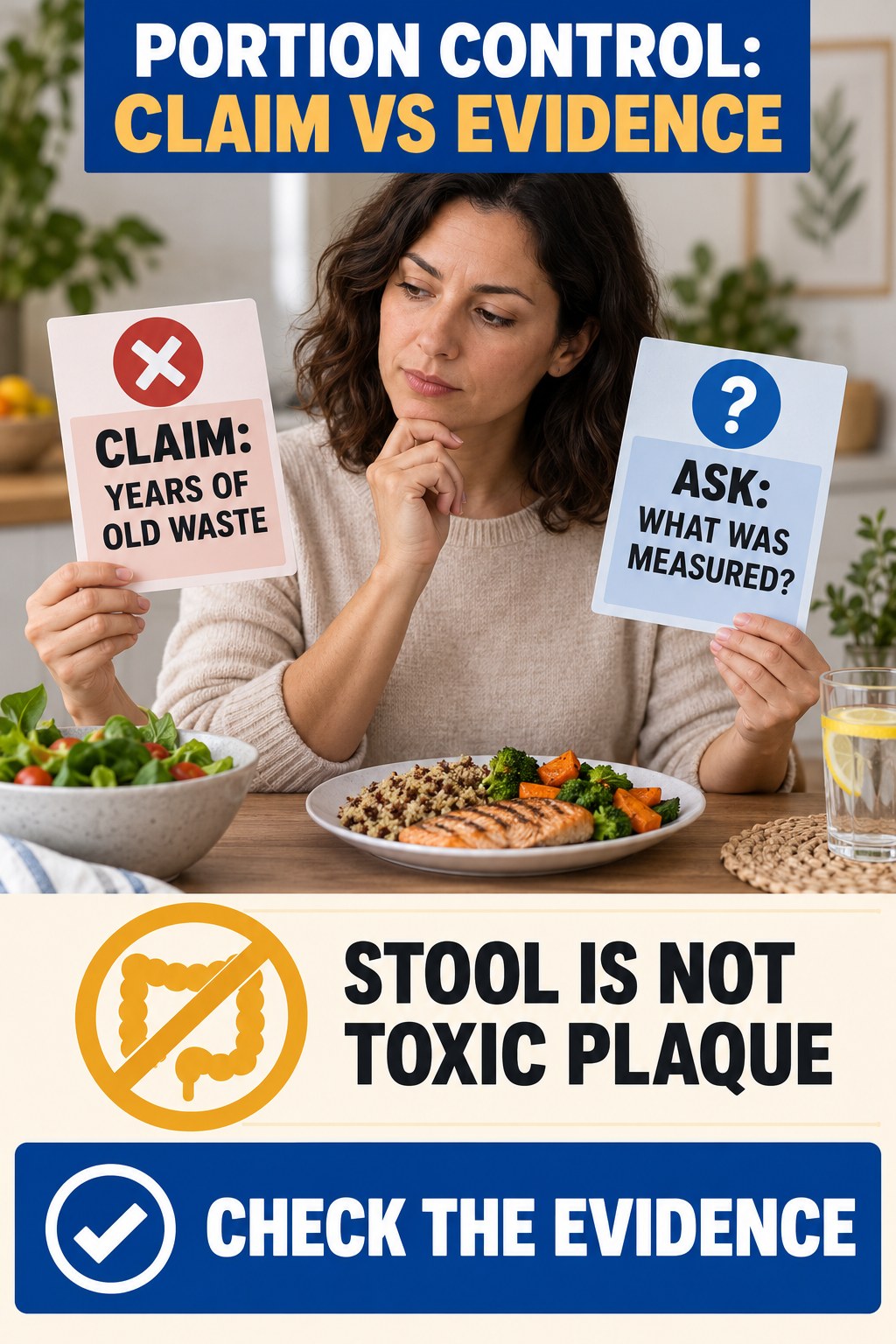 Old Waste Buildup Claims infographic for Portion Control, separating a colon-cleanse marketing claim from evidence, reasonable conclusions, and safety context.