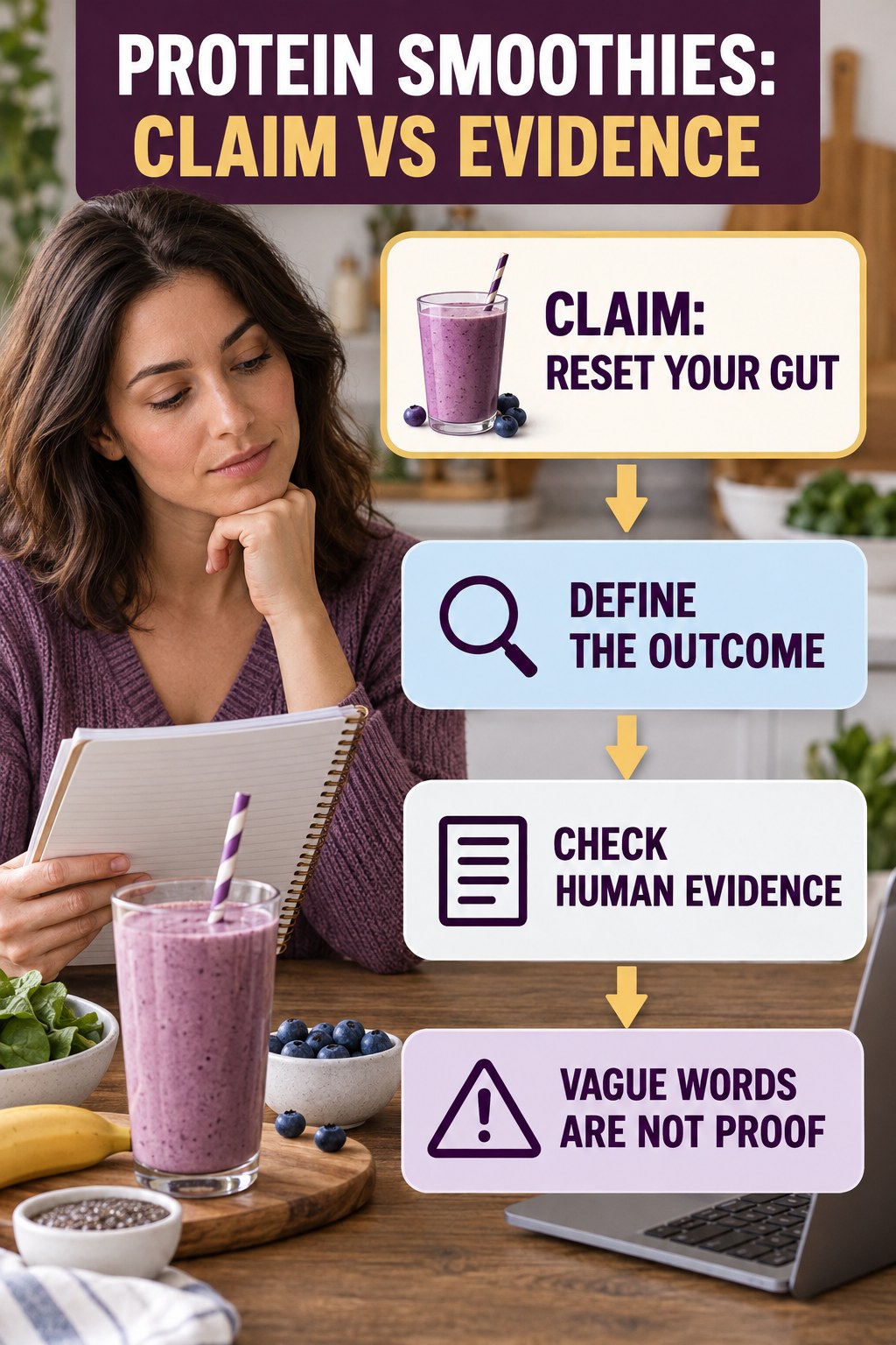 Gut and Microbiome Reset Claims infographic for Protein Smoothies, separating a colon-cleanse marketing claim from evidence, reasonable conclusions, and safety context.