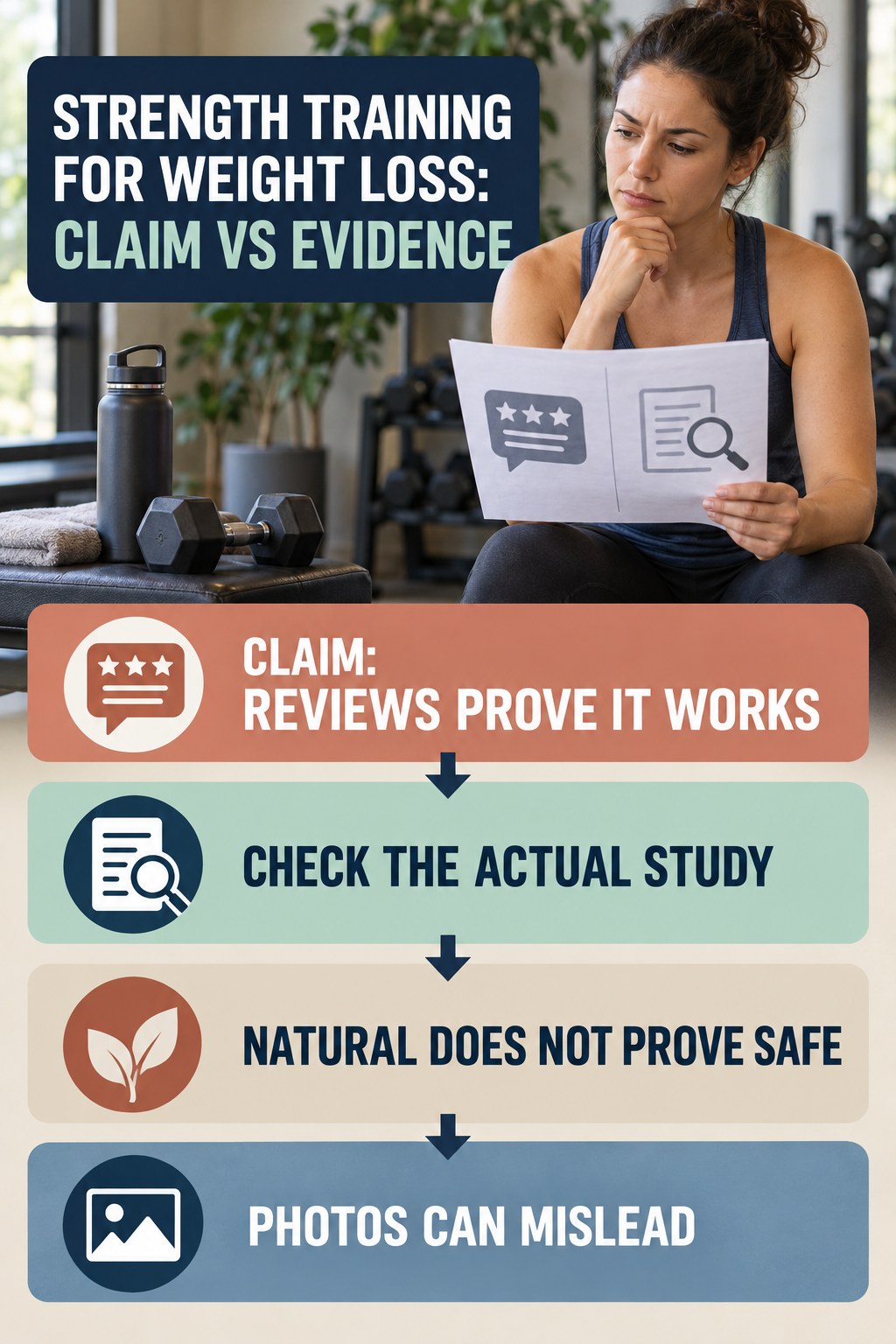 Label and Testimonial Evidence Check infographic for Strength Training for Weight Loss, separating a colon-cleanse marketing claim from evidence, reasonable conclusions, and safety context.