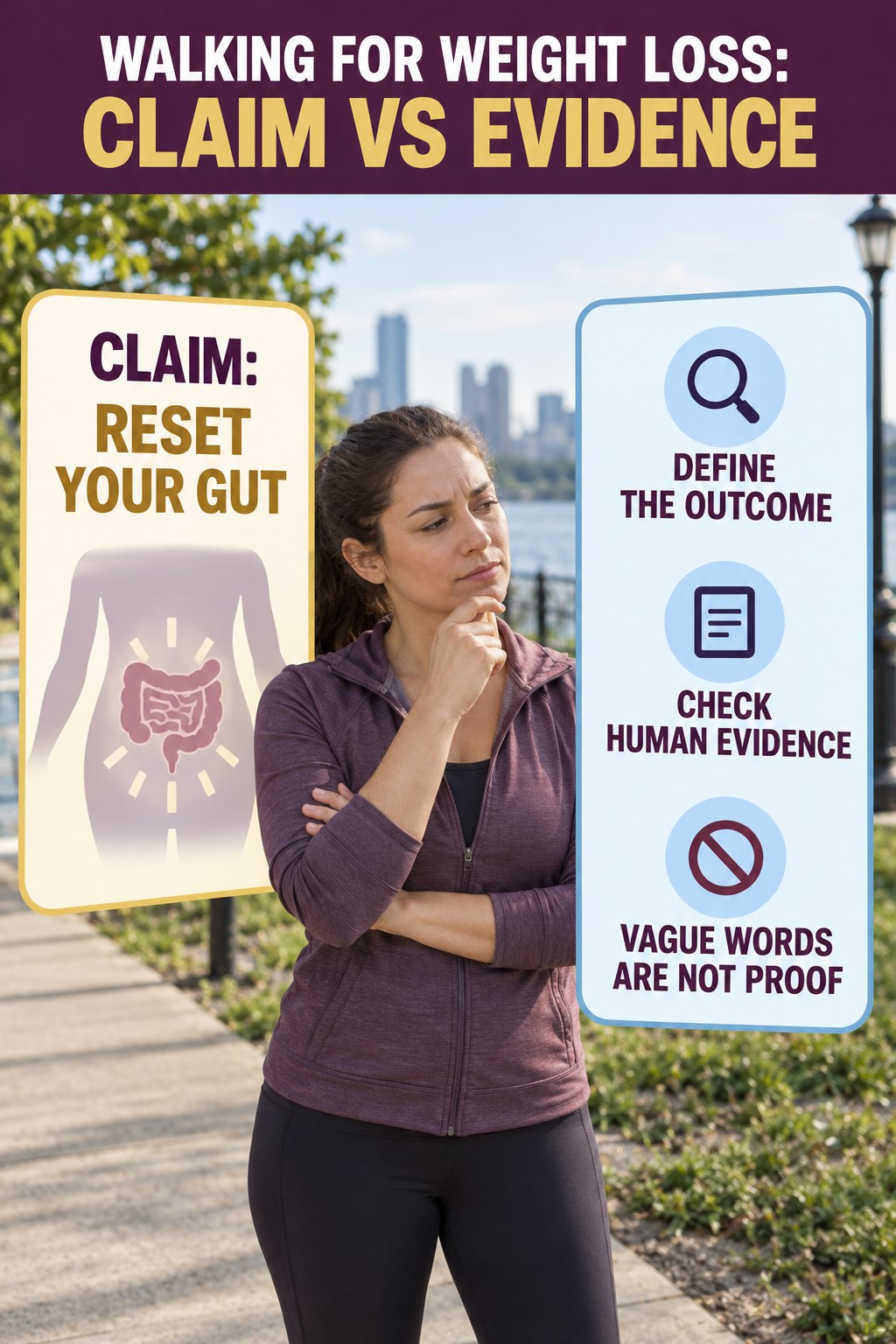 Gut and Microbiome Reset Claims infographic for Walking for Weight Loss, separating a colon-cleanse marketing claim from evidence, reasonable conclusions, and safety context.
