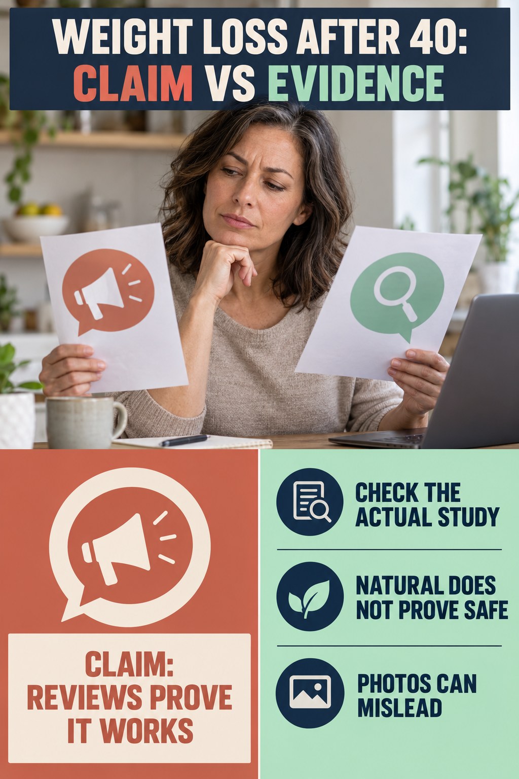 Label and Testimonial Evidence Check infographic for Weight Loss After 40, separating a colon-cleanse marketing claim from evidence, reasonable conclusions, and safety context.